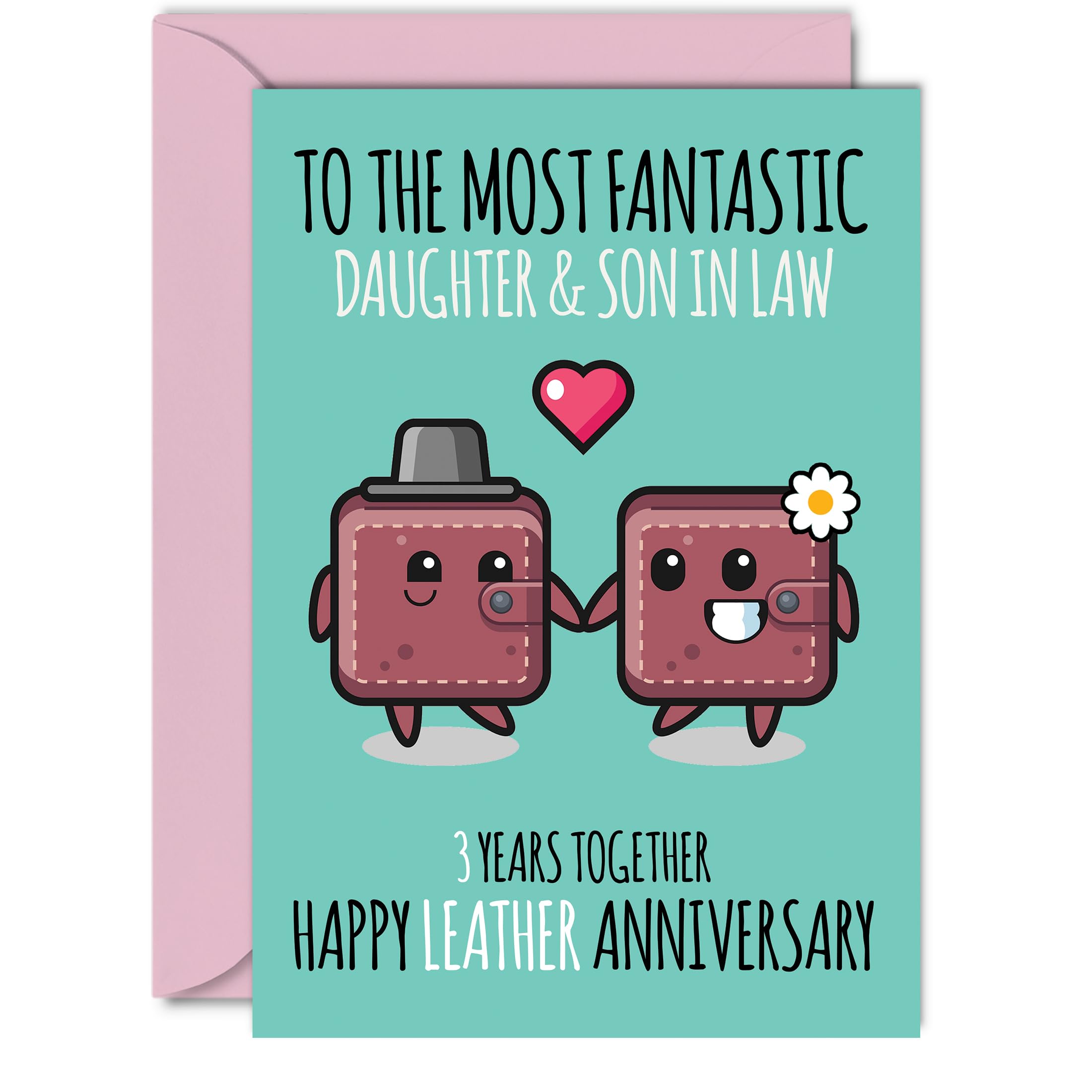 Cute Leather Anniversary Card for Daughter & Son In Law - 3 Years Together - Happy 3rd Wedding Anniversary Cards for Son In Law Daughter, A5 Greeting Cards Anniversaries
