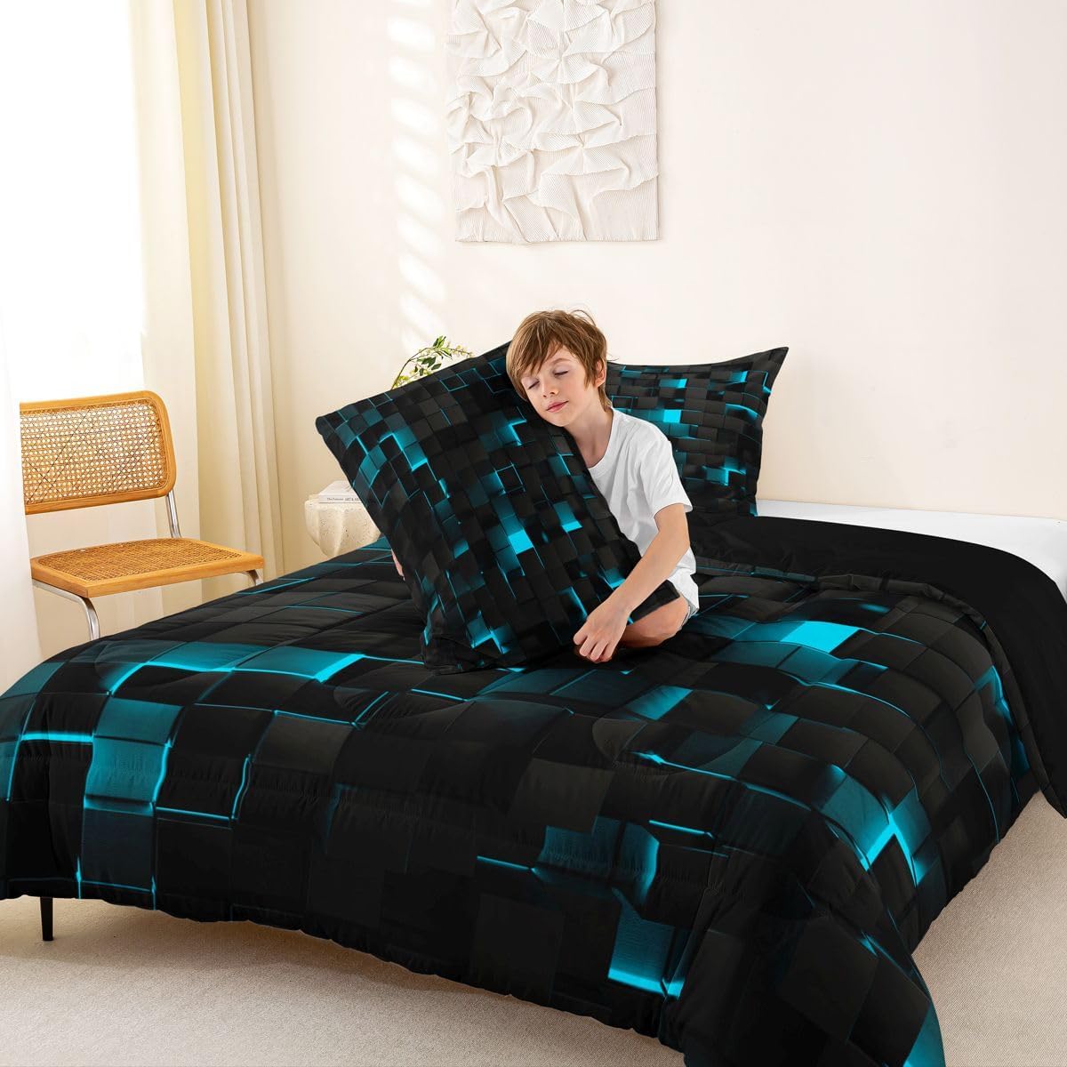 Erosebridal Black Teal Comforter Set Queen Neon Turquoise Geometric Checkered Bedding Set for Boys Gaming Room Decor,Teen Men Abstract Stereoscopic Grids Quilt Square Plaid Bed Set 3 Pcs