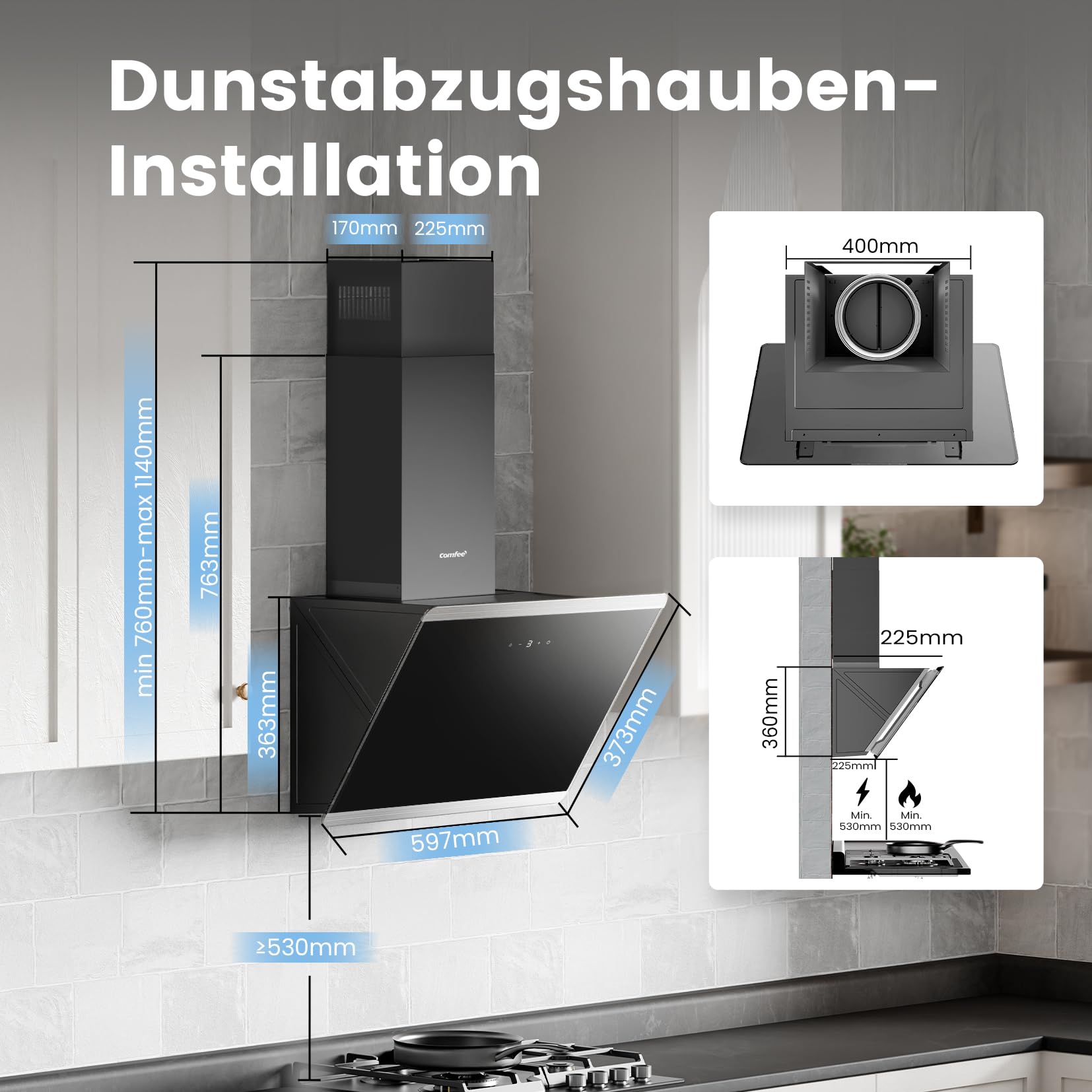 COMFEE' CH60J64ET4A2B A++ Dunstabzugshaube 60 cm Kopffreihaube Umluft Abluft 380m³/h Edelstahl Glas Touchscreen LED Kohlefilter Schwarz