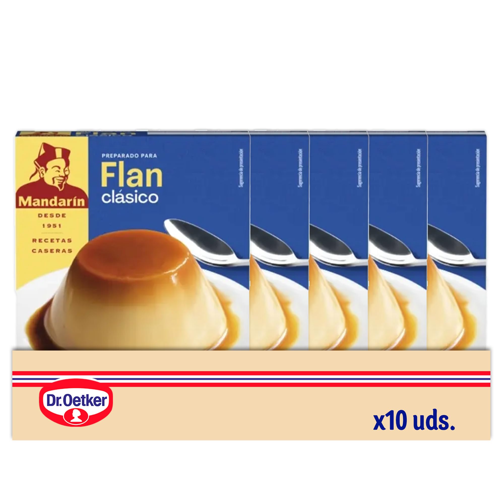 DR. OETKER - Flan Clásico Mandarín Pack de 10 Uds x 30g, Textura Cremosa, Pack 5 Sobres, Hasta 30 Flanes, Receta Tradicional, Preparación Rápida y Sencilla