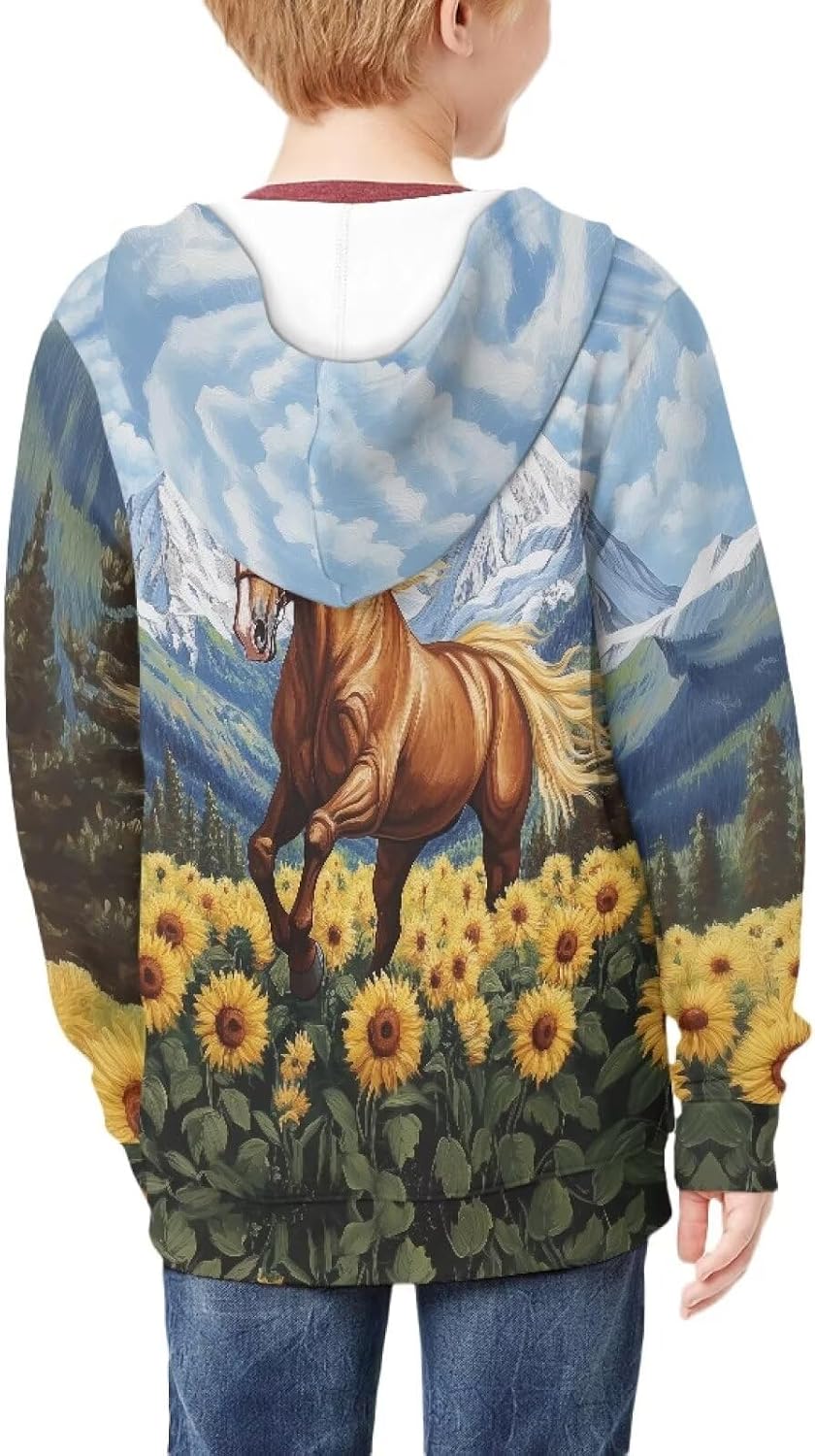 Horse Shirt Zip Up Hoodies for Boys Girls 6T-16T Graphic Zipper Sweatshirts Fashion Jacket Fall Outfits