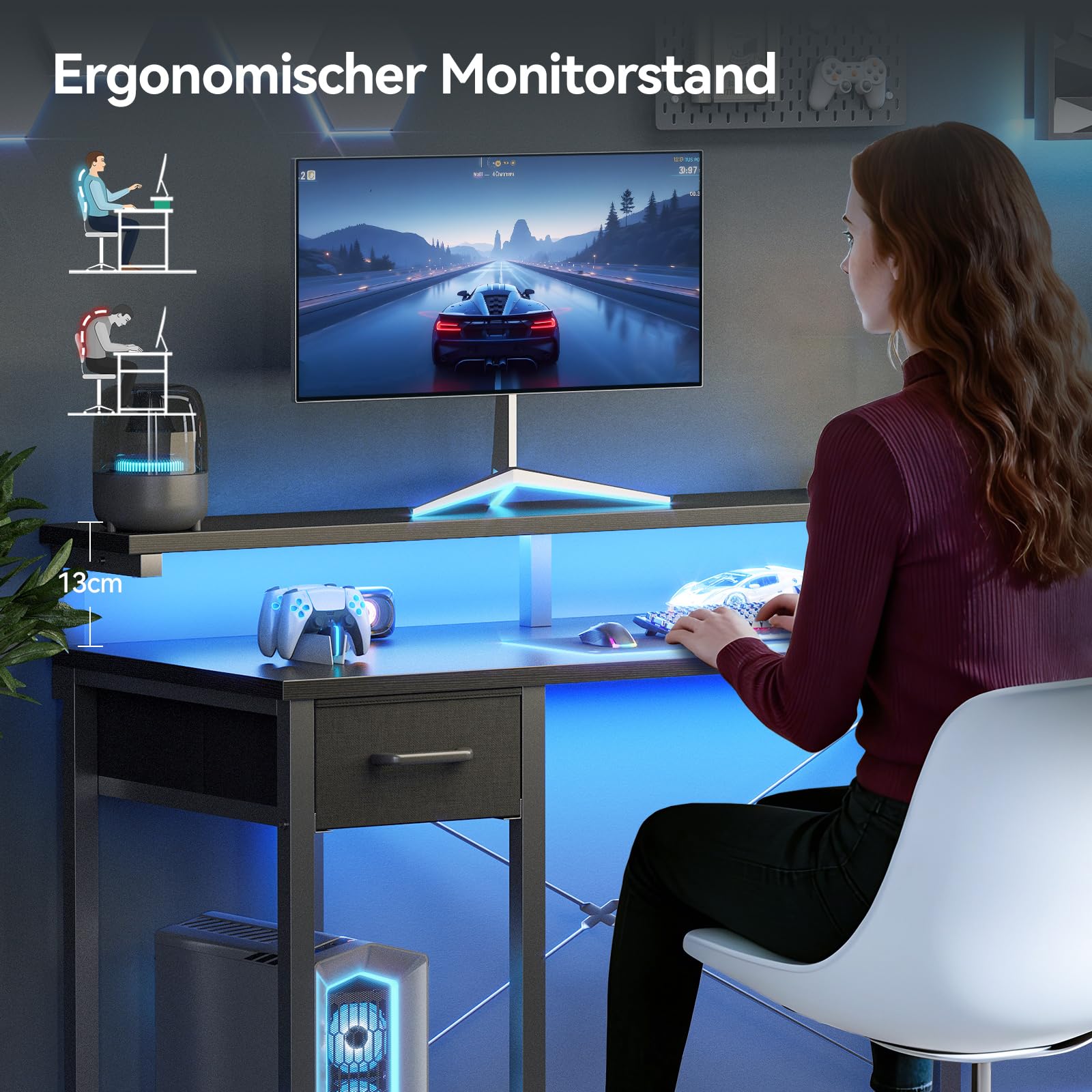 Coleshome Gaming Tisch mit LED Beleuchtung,Kleiner Schreibtisch mit Stoffschublade & CPU-Stand, Computertisch Bürotisch PC tisch mit Monitorstand, für Büro, Gaming, Home Office, 100×45×74.5cm, Schwarz
