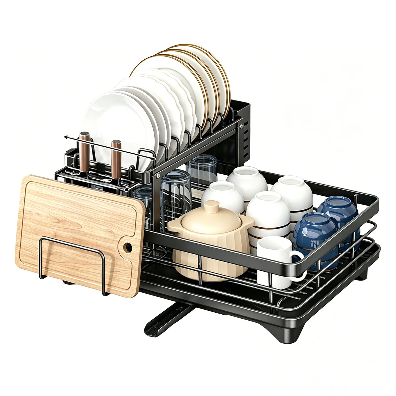 Tbatm Black Dish Drying Rack For Kitchen Counter, With Drain Board And Adjustable Swivel Spout, Dish Drainer For Various Dinnerware To Keep Cooking Area Neat And Tidy,,2 Tier+Board Holder