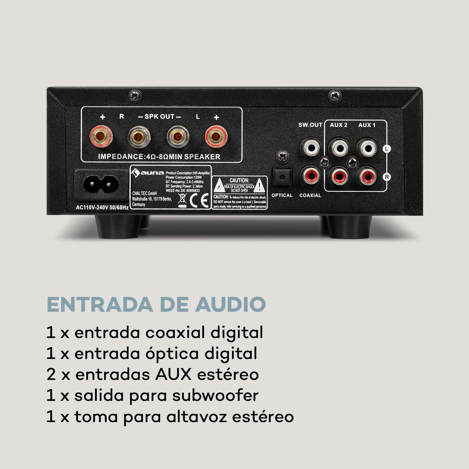 auna AMP-2 DG Amplificador estéreo HiFi - 2 x 50 W RMS, Bluetooth, 2 entradas Digitales: óptica y coaxial, USB, Entrada de DVD y AUX, Regulable: Graves, Agudos, Balance, ech, Pantalla LED, Negro