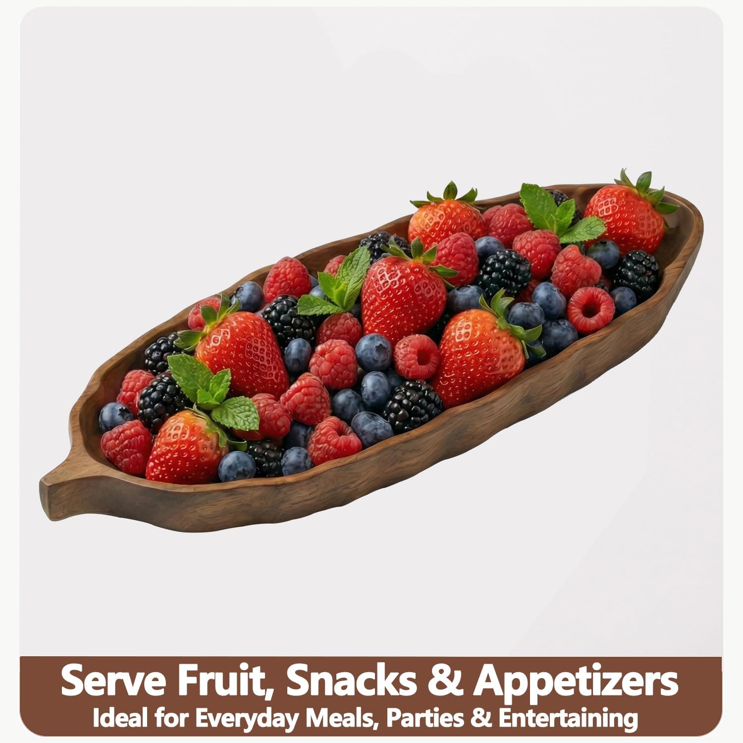 Walnut Wood Leaf Serving Tray 13” – Long Wooden Snack Platter for Appetizers, Sushi, Bread & Dessert – Handcrafted Solid South American Walnut Decorative Tray for Coffee Table, Kitchen & Dining