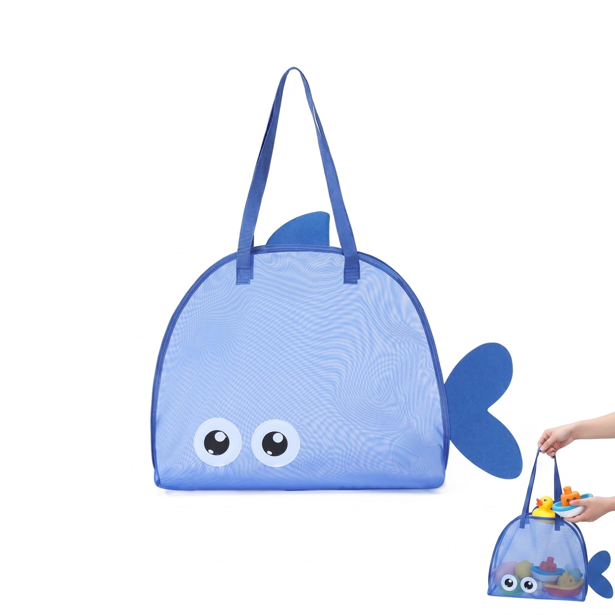 Borsa Spiaggia Grande per Bambini, Giochi Spiaggia Bambini, Borsa Mare a Rete Porta Giochi Spiaggia e Piscina, Borsa da Spiaggia Pieghevole per Giocattoli e Asciugamani, 46.5x12x40cm, Blu
