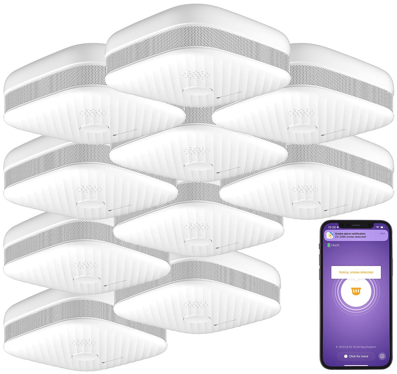 VisorTech rilevatore di fumo smartphone: Set da 10 Rilevatore di fumo e calore Wi-Fi (con notifica app, con avviso app)
