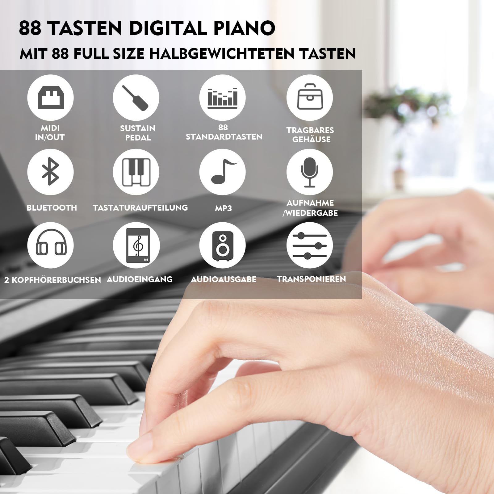 MUSTAR Piano Numérique Pliable 88 Touches éclairées – Bluetooth, MIDI, Semi-pondéré, Parfait Pour Débuter