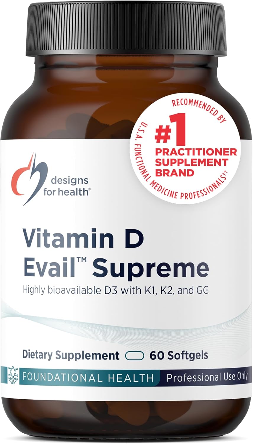 Designs for Health D-Evail Supreme – 5,000 IU Vitamin D3 Supplement with VIT K (K1, K2 as MK-4) + GG – Bone, Cardiovascular + Immune Support – Improved Bioavailability (60 Softgels)