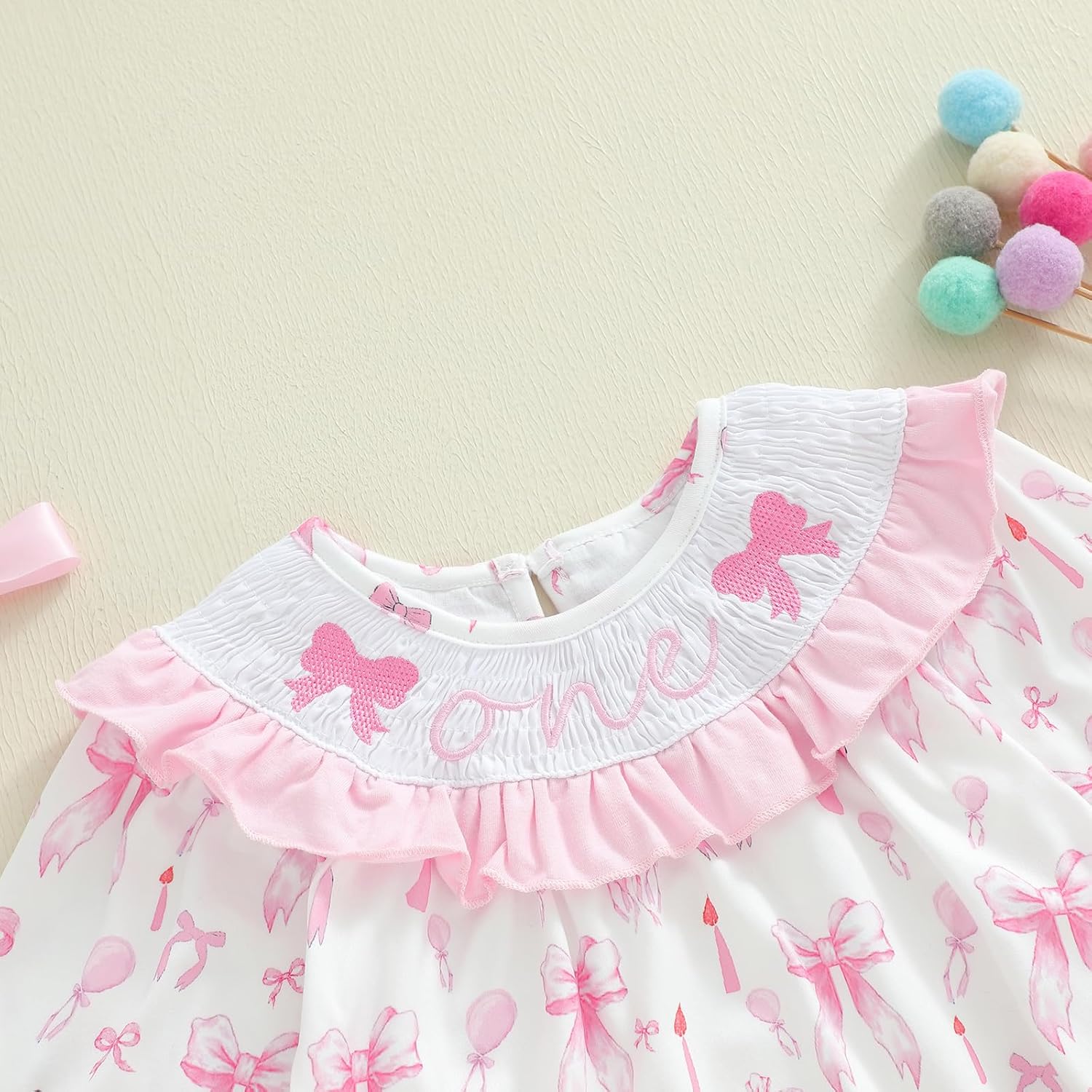 Pudcoco Baby Girls First Birthday Outfit 1st Birthday Romper Coquette Bow Bubble Smocked One Embroidery Ruffle Jumpsuit - Image 4