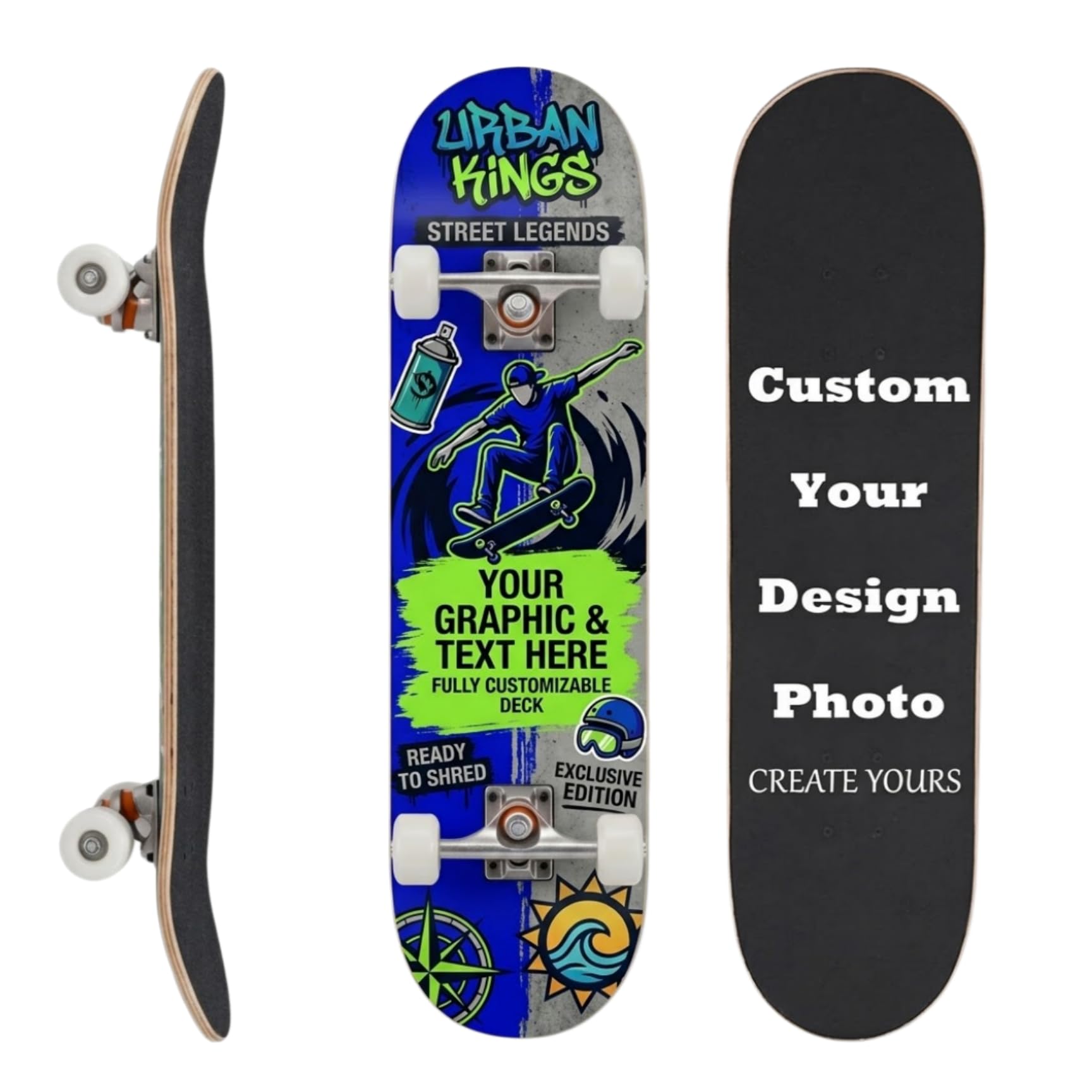 Skateboard personnalisé 78,7 x 20,3 cm Standard Concave Cruiser Trick Board Téléchargez votre design pour débutants, adolescents et adultes Cadeau personnalisé