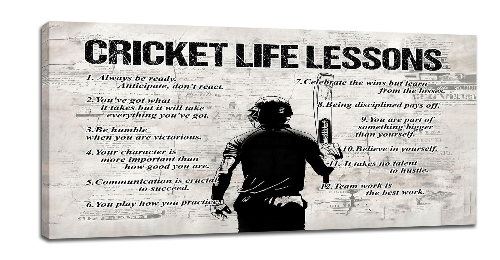 Sports Wall Art - Cricket Life Lessons & Retro Canvas Prints - Inspirational Pictures - Large Size - 60"X30" - Master Bedroom & Gym Decor