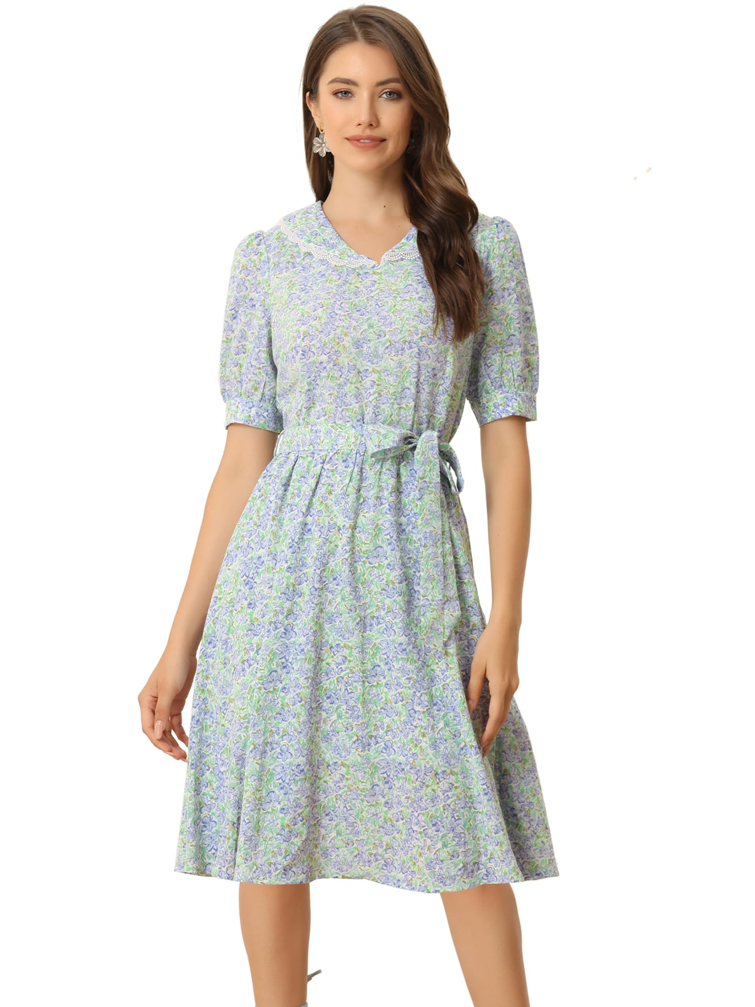 Allegra K Womens Vintage Peter Pan Collar Flowy Midi Floral Dress