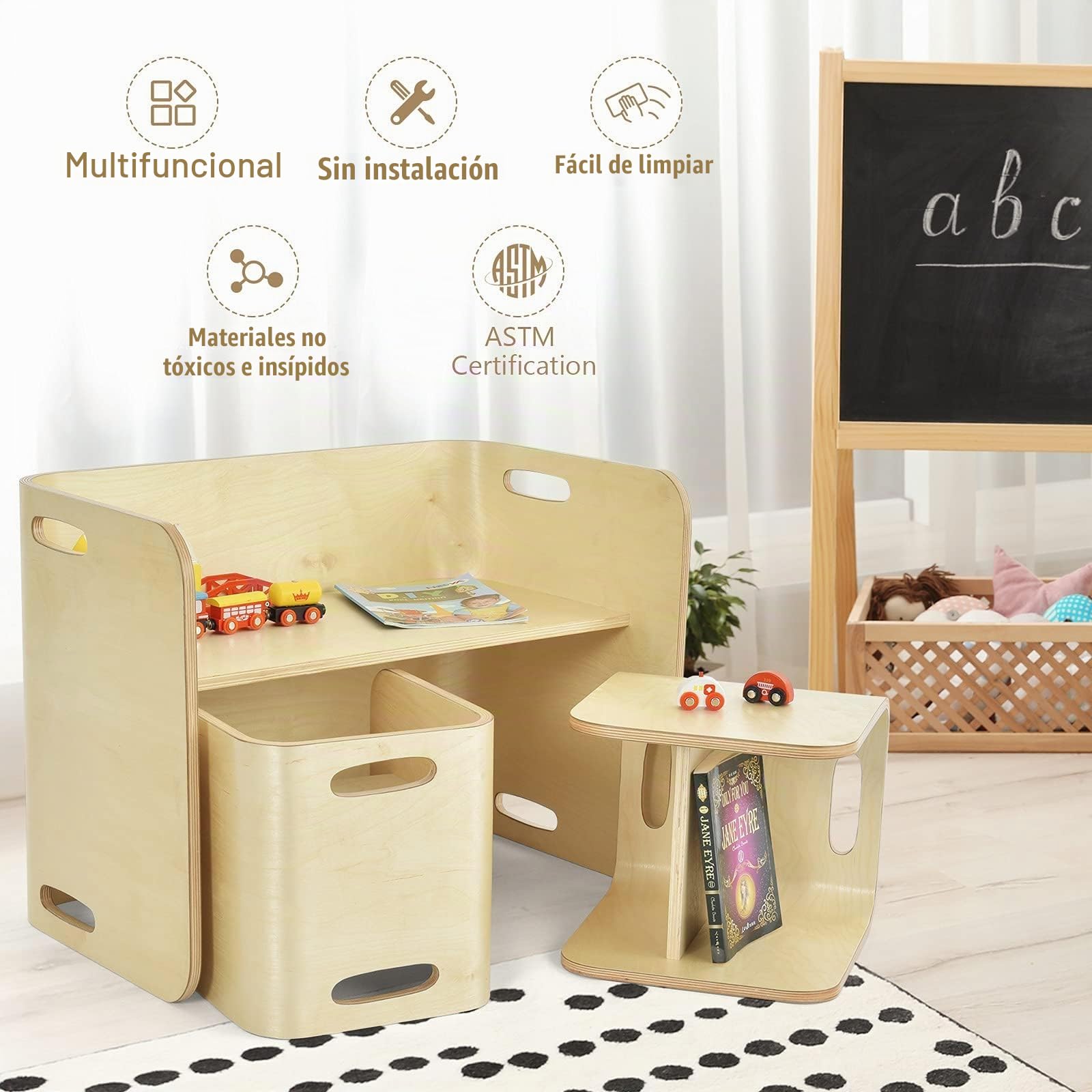 LIFEZEAL Juego de Mesa y Sillas Infantil de Madera en Forma de U (Natural)