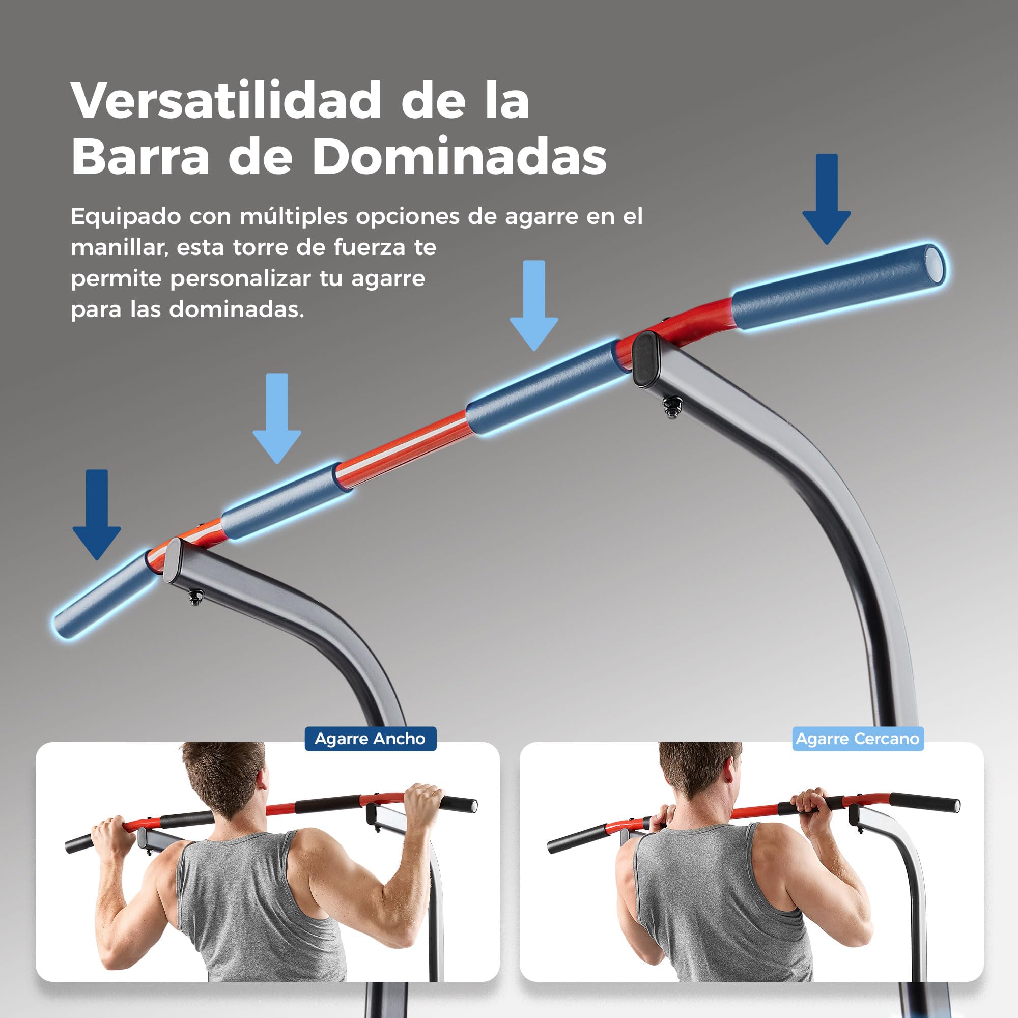 Sunny Health & Fitness Torre de Potencia, Barra para Fondos, Estación de Paralelas con Asistencia para Flexiones y Dominadas, con Agarre Opcional Tipo Escalada