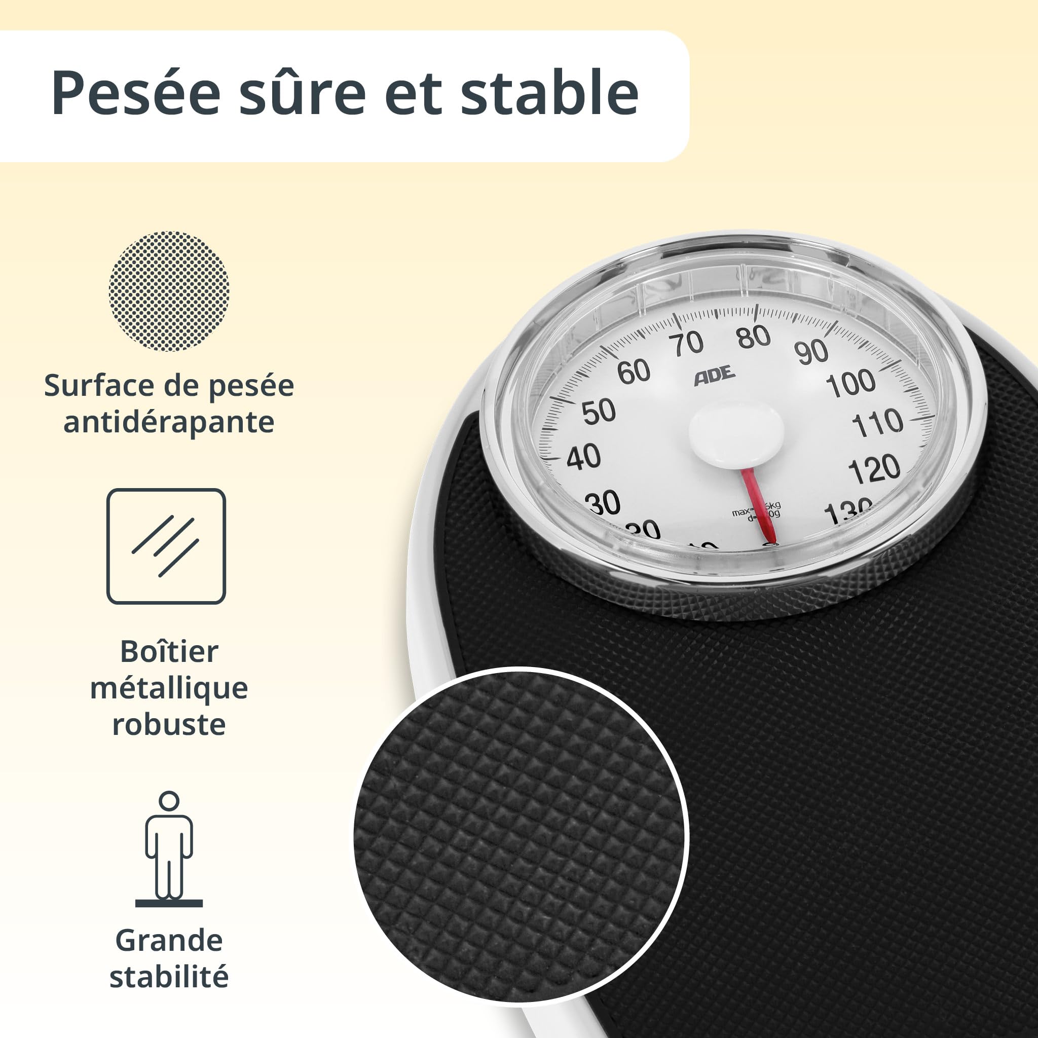 ADE Balance pèse personne mécanique au look retro | fiable et precis | facile à lire | balance analogique avec grand cadran | sans piles | jusqu'à 136 kg | noir