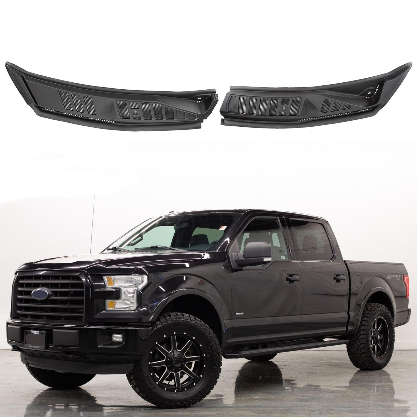 Windshield Wiper Cowl Cover Panel Compatible with 2015-2020 Ford F150，Left &amp; Right Front Windshield Wiper Cowl Grille Insert Panel, Without Nozzles Hoses Replacement for FL3Z15022A69B