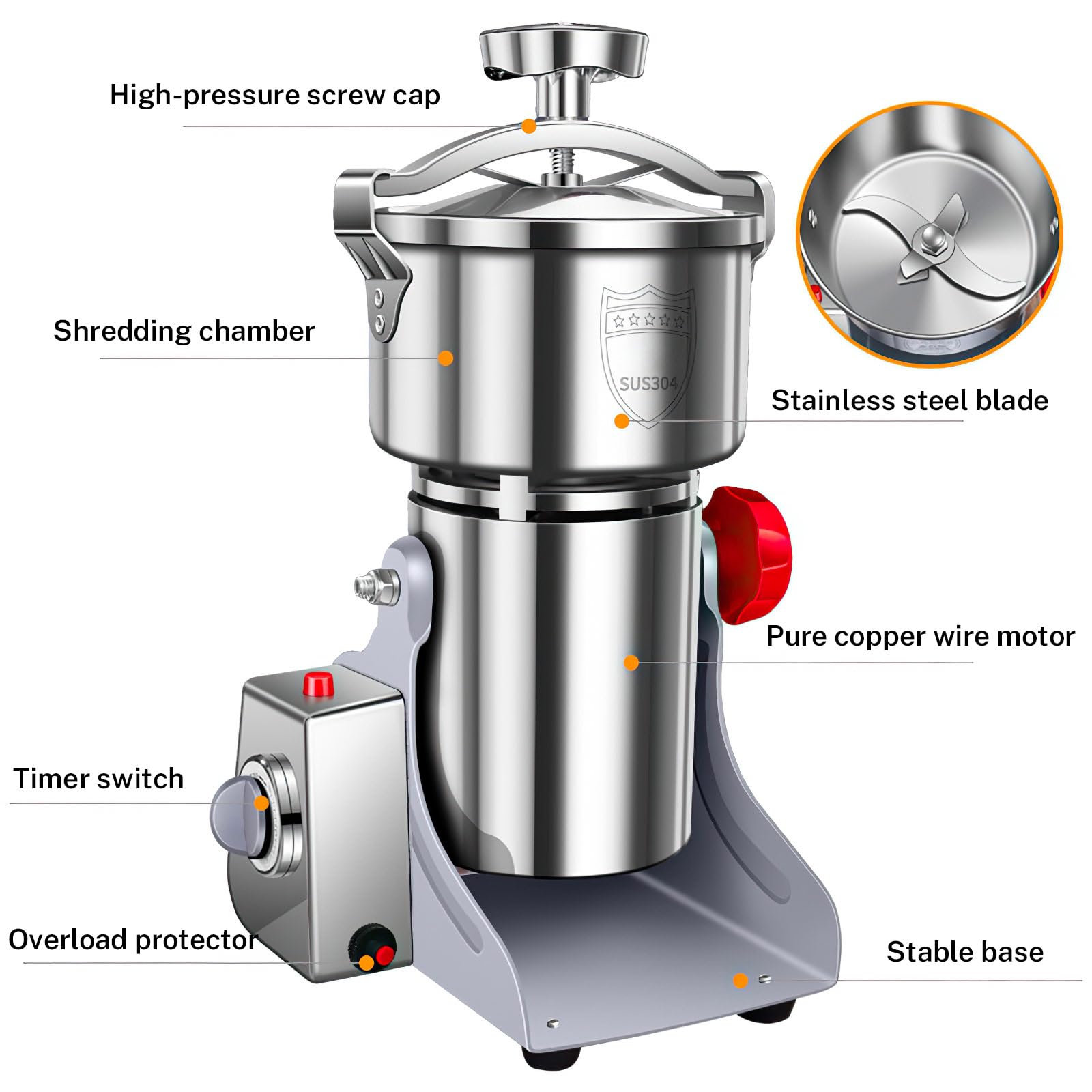 Moulin à Grains Électrique Haute Vitesse 3500W, Broyeur Multifonctionnel Puissant en Acier Inoxydable pour Épices, Céréales, Café et Herbes (800g)