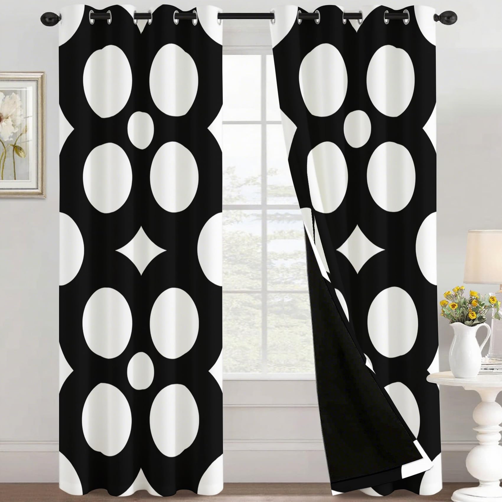 NIYAKA Black and White Geometric Blackout Curtains for Living Room, Modern Abstract Curtains for Bedroom, Thermal Insulated Eyelet Window Treatments 84 Drop, 2 Panels Drapes (W52 x L84)