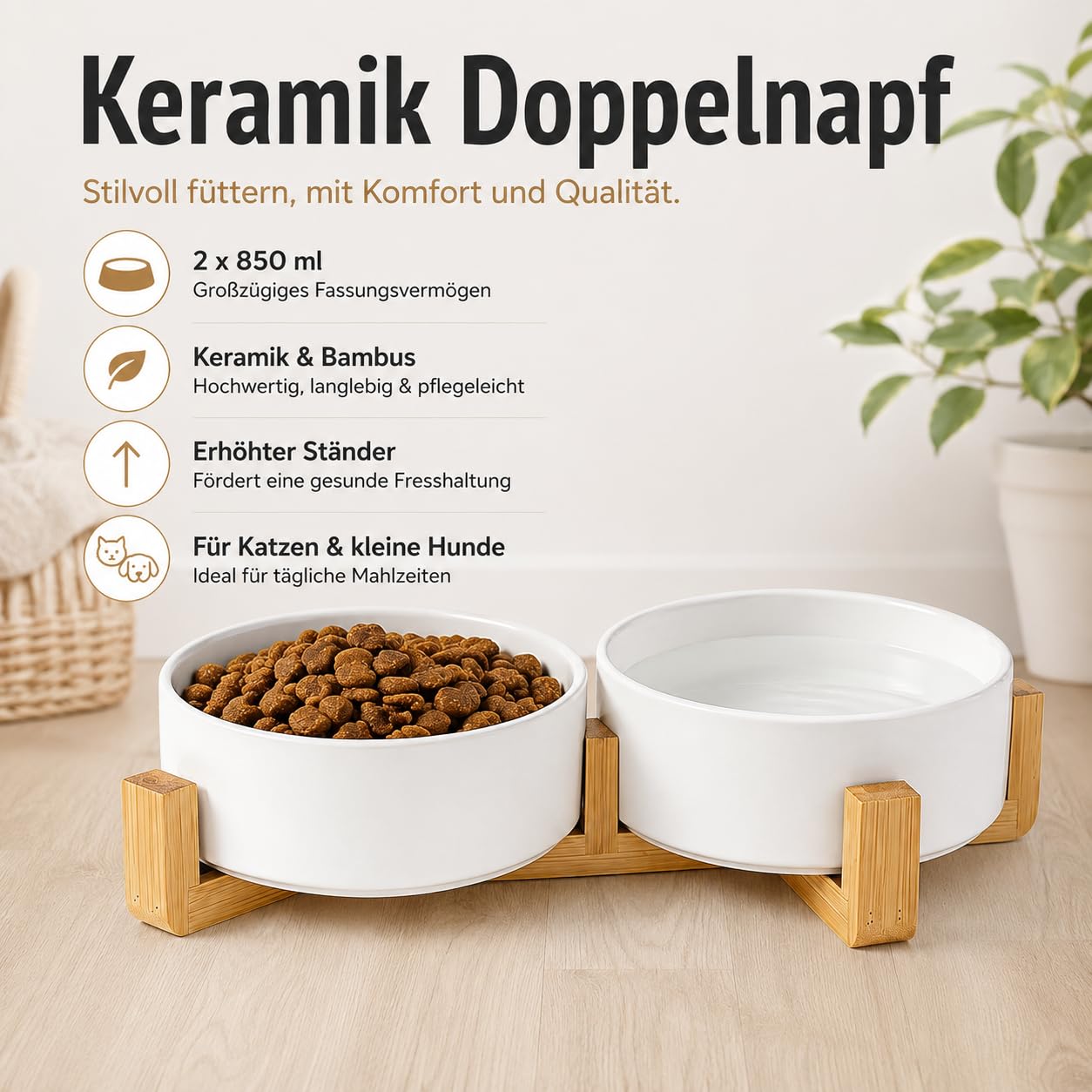 Ceramiczna miska na karmę dla kotów 2 x 850 ml, zestaw 2 szt. z podwyższonym stojakiem bambusowym | Białe miski z gładką glazurą, nie zawierają ołowiu i kadmu, do suchej karmy, wody, małych psów, kuchni i salonu