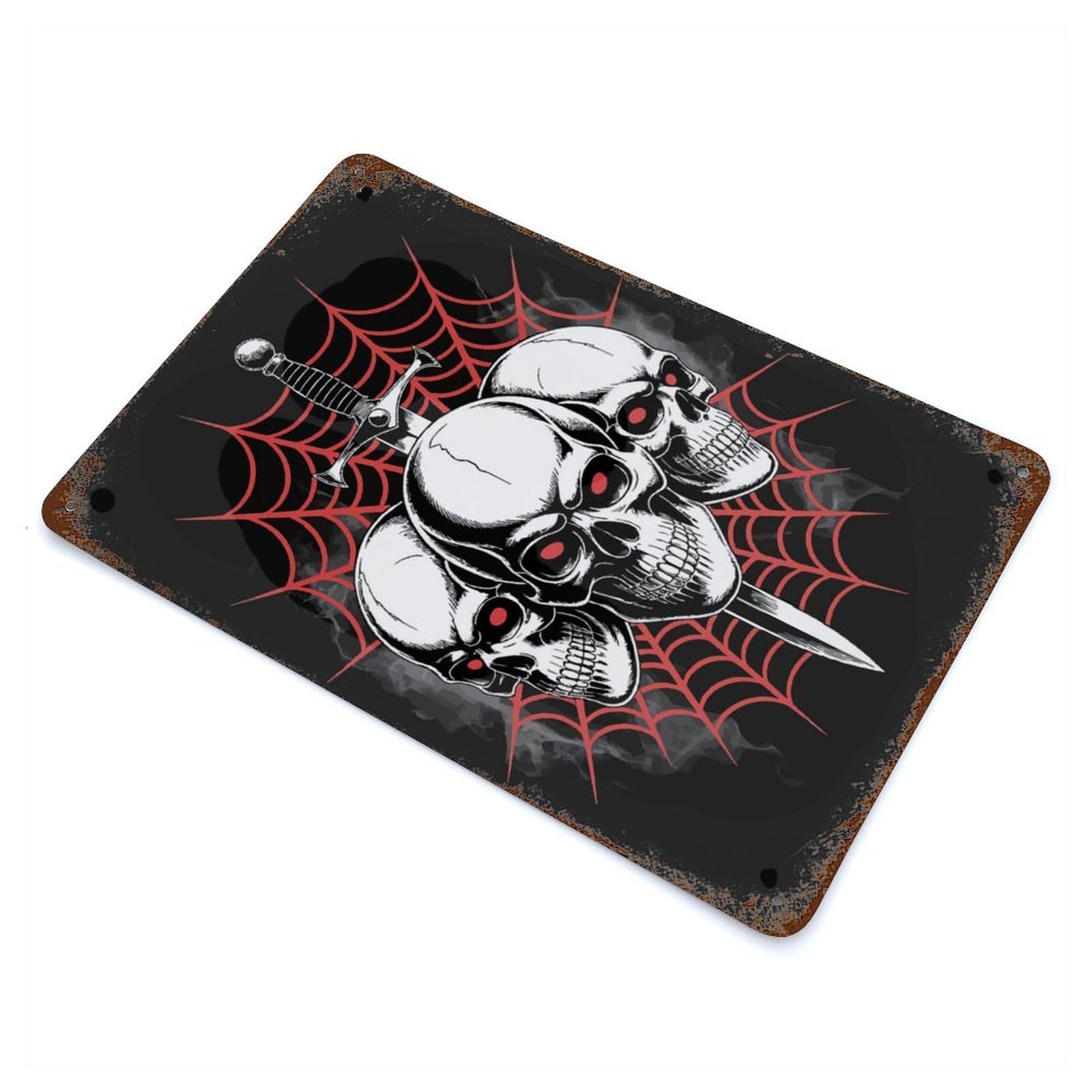 Distressed Metal Wall Sign Skulls, Sword, And Spiderweb Illustration 11.8"x7.9", Vintage Wall Decor for Garage, Bar And Workshop Decor