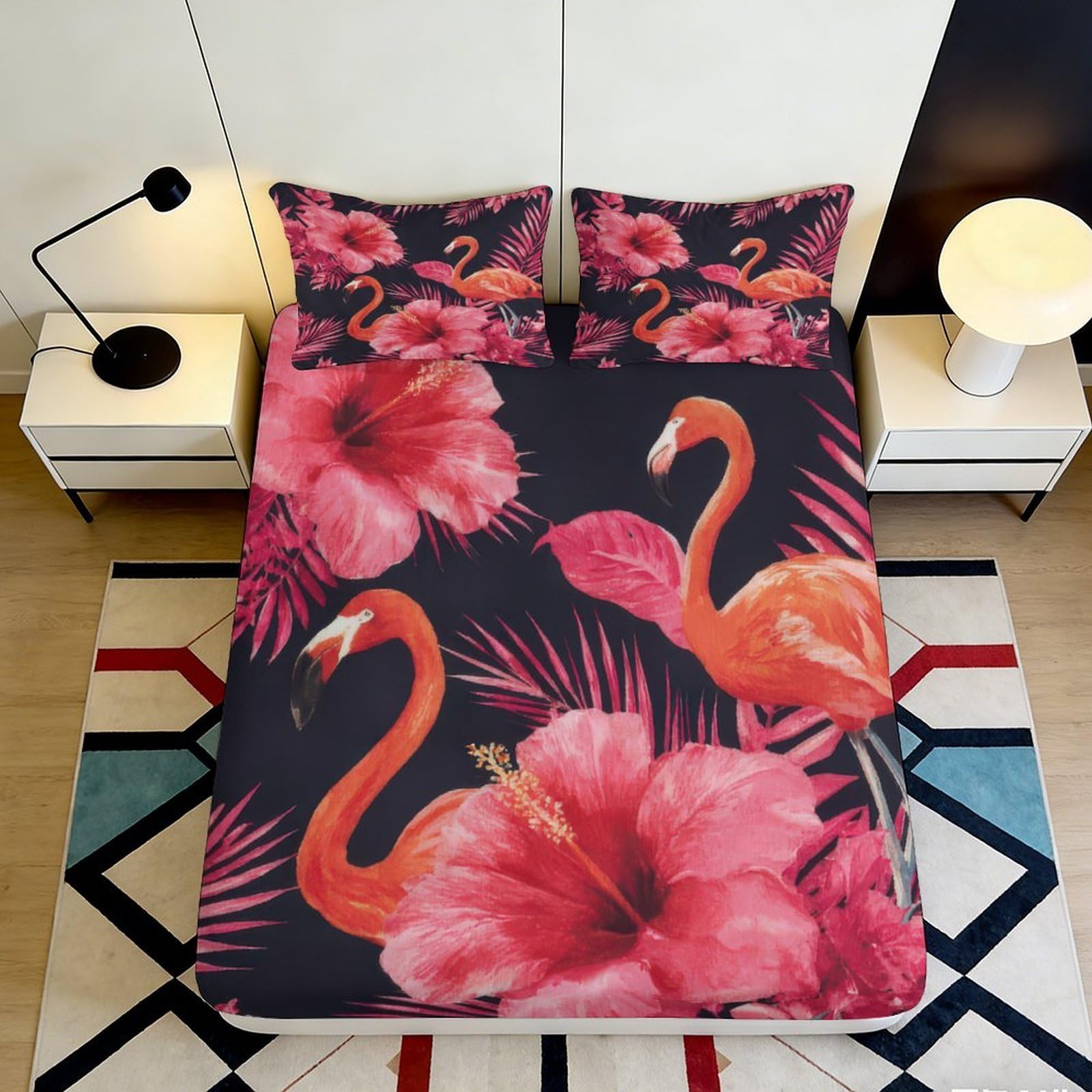3D Printed Flamingo Floral Fitted Sheet Microfiber Soft Breathable Hibiscus Bed Cover for Bedroom Dormitory Guest Room Mattress Protection Decor 140x200x25cm
