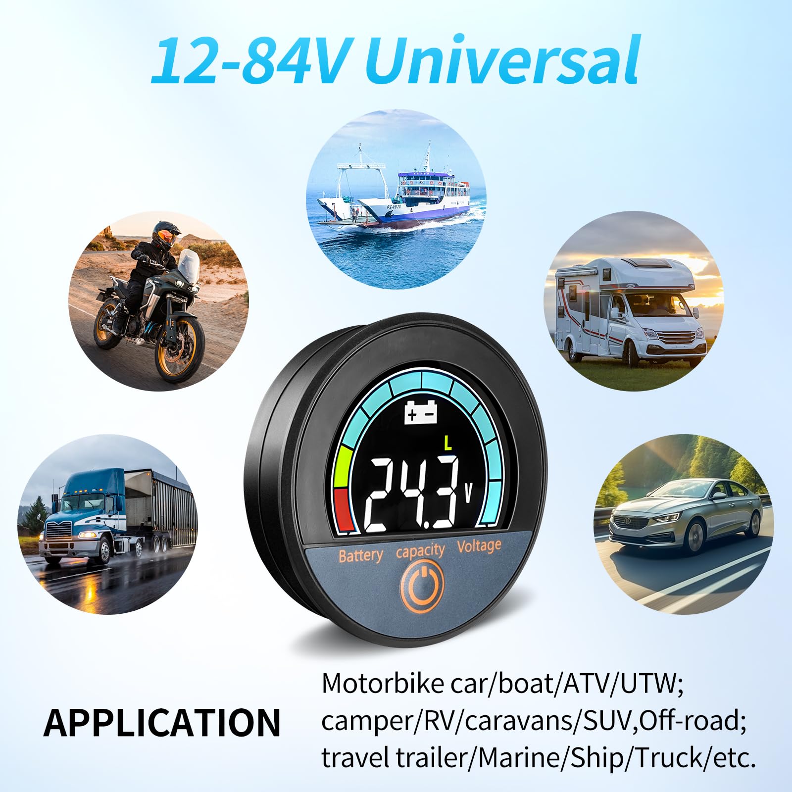 diymore Guardiana batteria 12 V 24 V 36 V 48 V 60 V 72 V 84 V, IP67 impermeabile monitor della capacità della batteria DC 7 – 100 V per batterie al litio e al piombo acido, con allarme estivo per