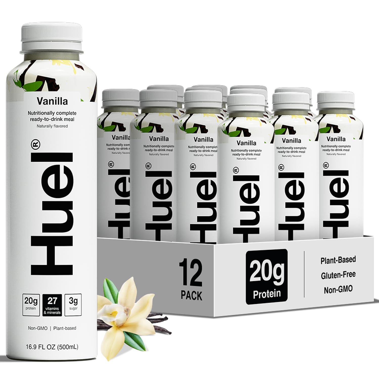 HuelReady-to-Drink | Vanilla Meal Replacement Drink | High Protein Drink | Nutritionally Complete, Low Sugar, High Fiber, Plant Based, Vegan, Healthy | 20g Protein Per Bottle, 16.9 Fl Oz (12 Pack)