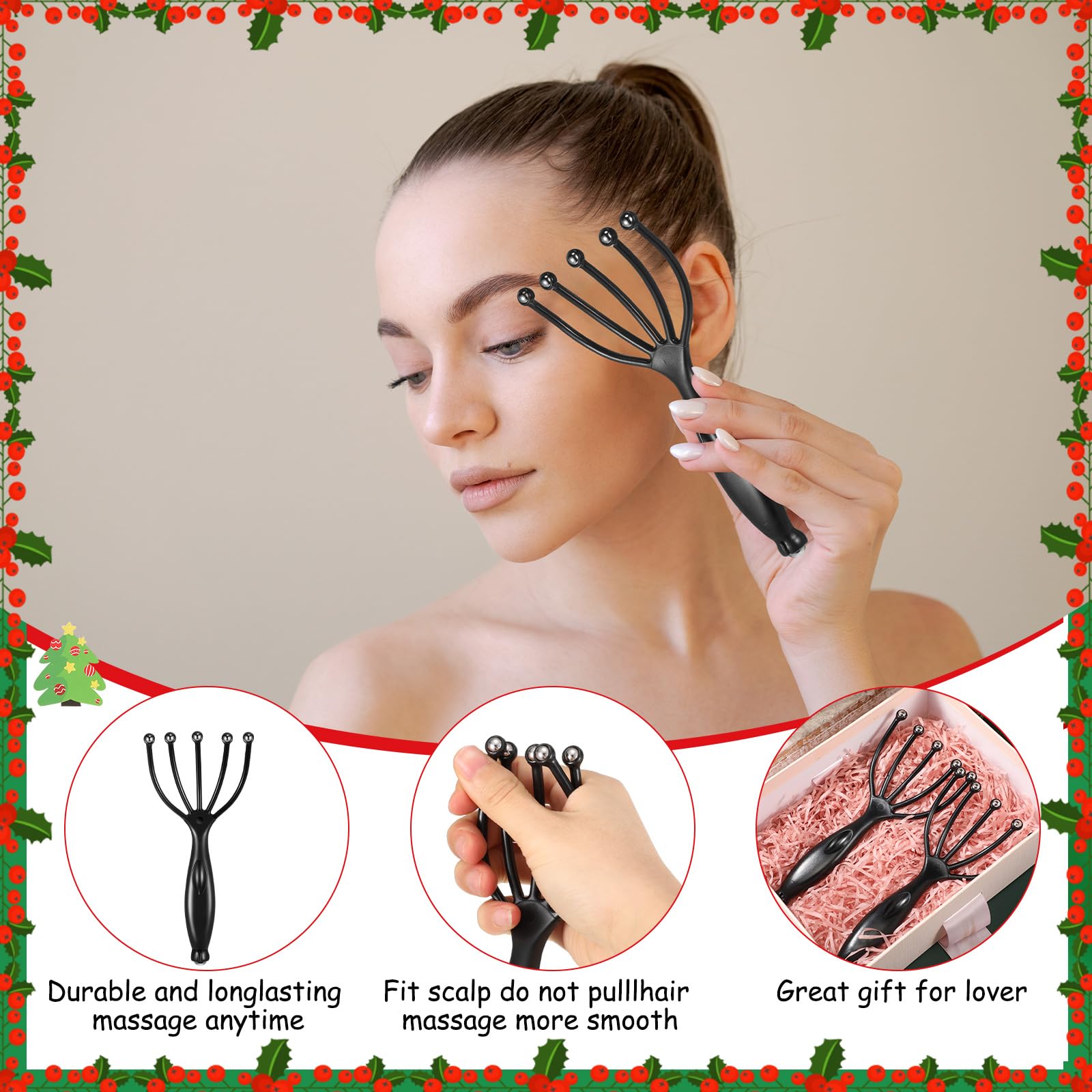 TrelaCo Masajeador de cuero cabelludo portátil de mano para relajación profunda y reducción de estrés, herramienta de masaje manual de cabeza para oficina, hogar, regalo de Navidad (negro)