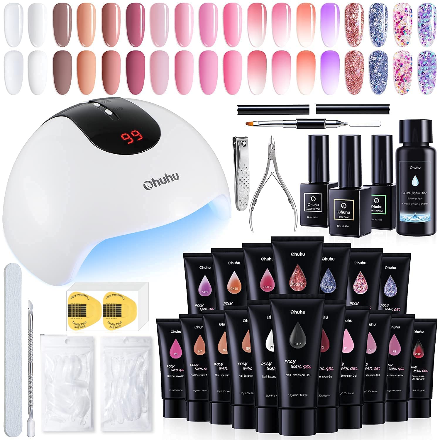 Ohuhu Poly Gel Kit with 36W UV/LED Lamp, 18 Colors Poly Nail Gel Kit Enhancement Builder with 4 Temperature Color Changing Extension, 10 Regular Color and 4 Glitter Color Poly Gel DIY
