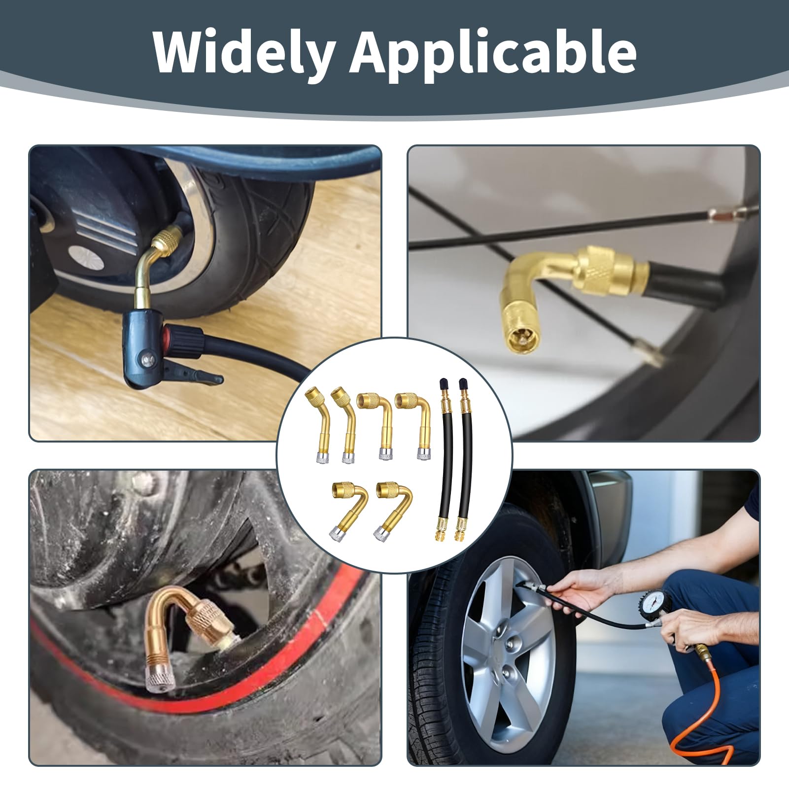 8 Pezzi Prolunga Valvola Pneumatico, Estensione Valvola Pneumatico Angolare 45° 90° 135°, con 2 Prolunghe Flessibili 180mm e 6 Cappucci Metallici, Adattatore Valvola Schrader per Auto Bici Scooter