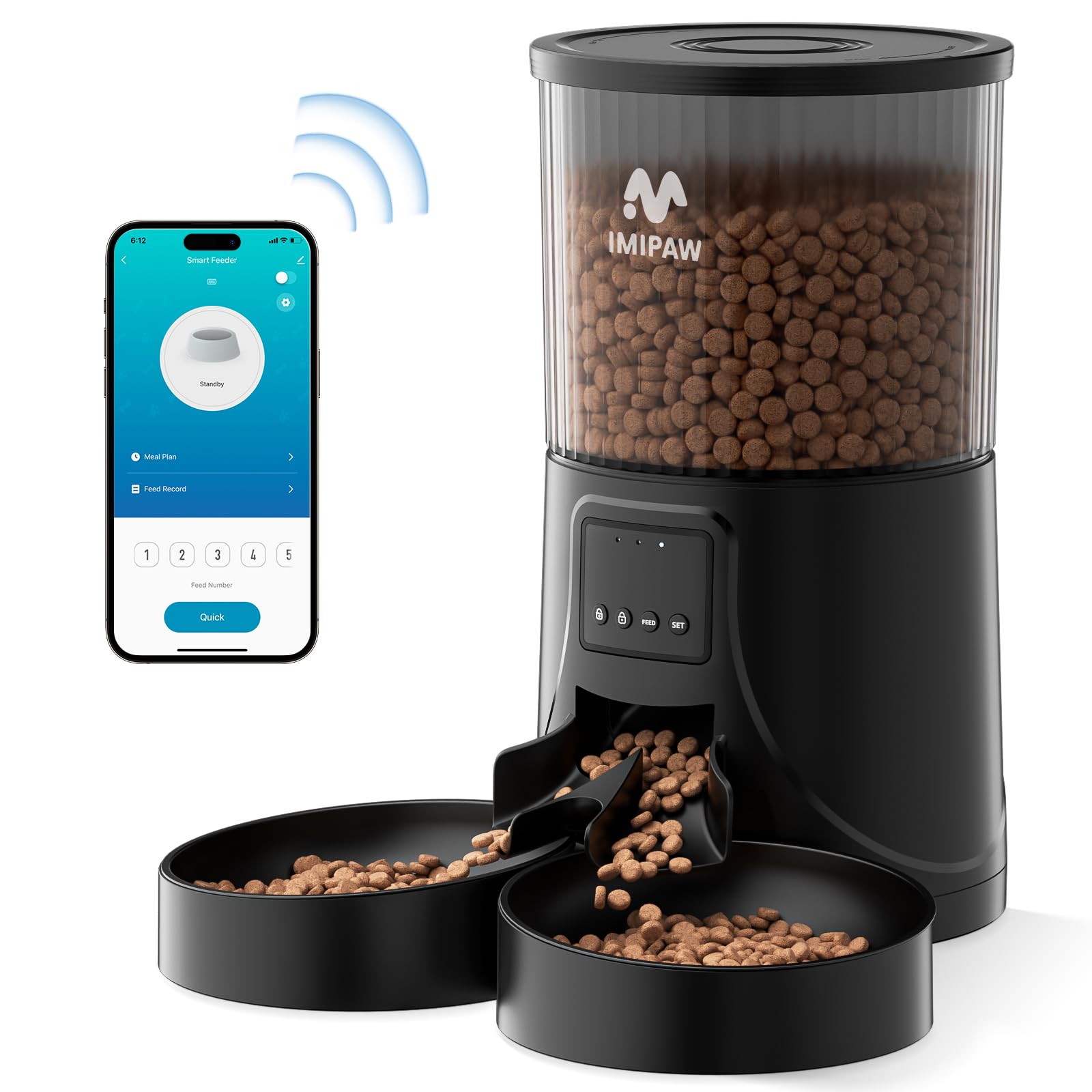 IMIPAW Distributore Automatico Cibo Gatti con 2 Ciotole, 4L Dispenser Cibo Cani, Controllato da APP, 2.4G WiFi Alimentazione a Distanza, 10 Pasti al Giorno, per Animali Di Piccola e Media Taglia