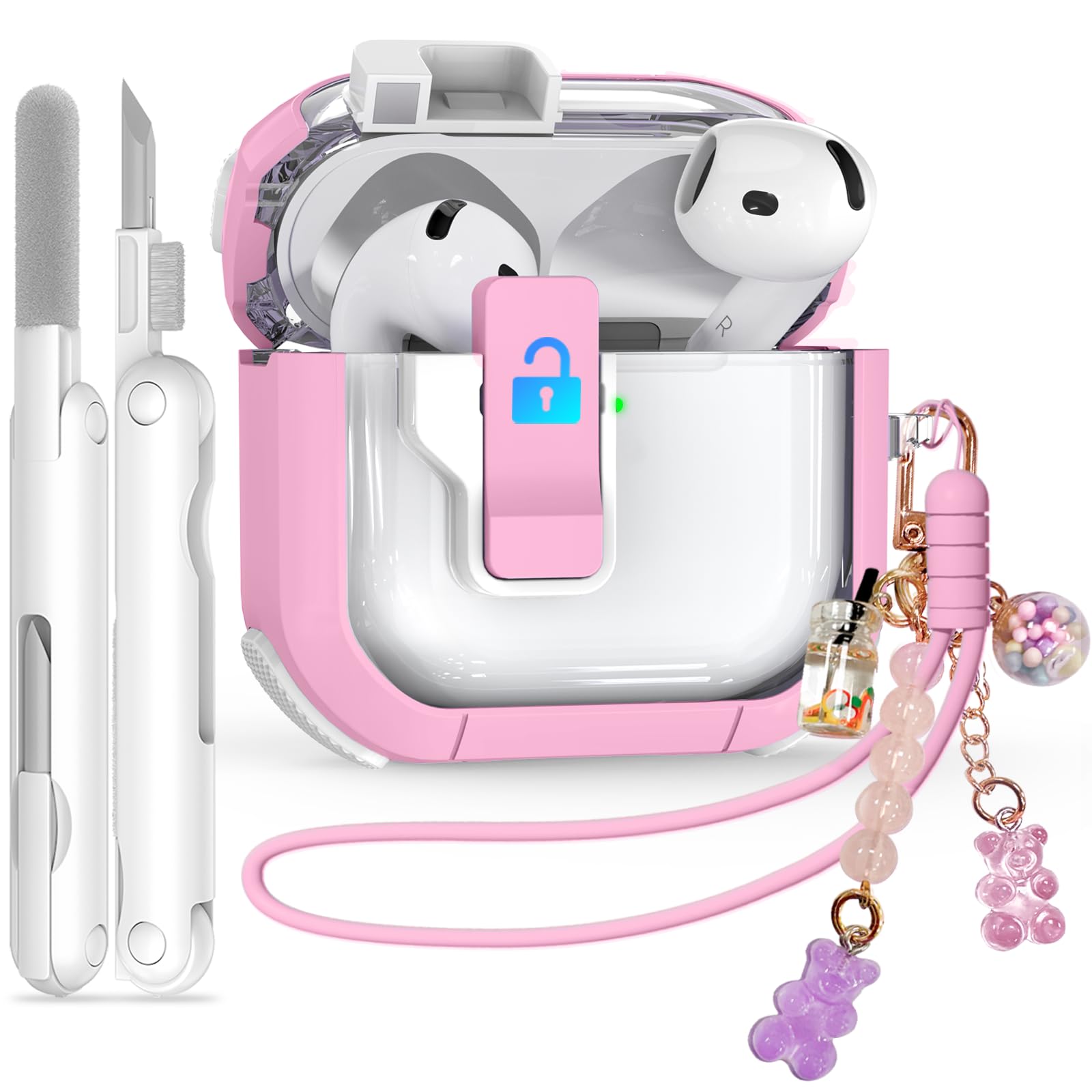 Secure Lock Case for AirPods 4, Ekoonpft 5-in-1 Clear Cover for Apple AirPods 4th Gen (2024) for Women Girly, Soft TPU Cases with Cleaner Kit,Silicone Wrist Strap,Cute Candy Keychain,Buckle,Pink