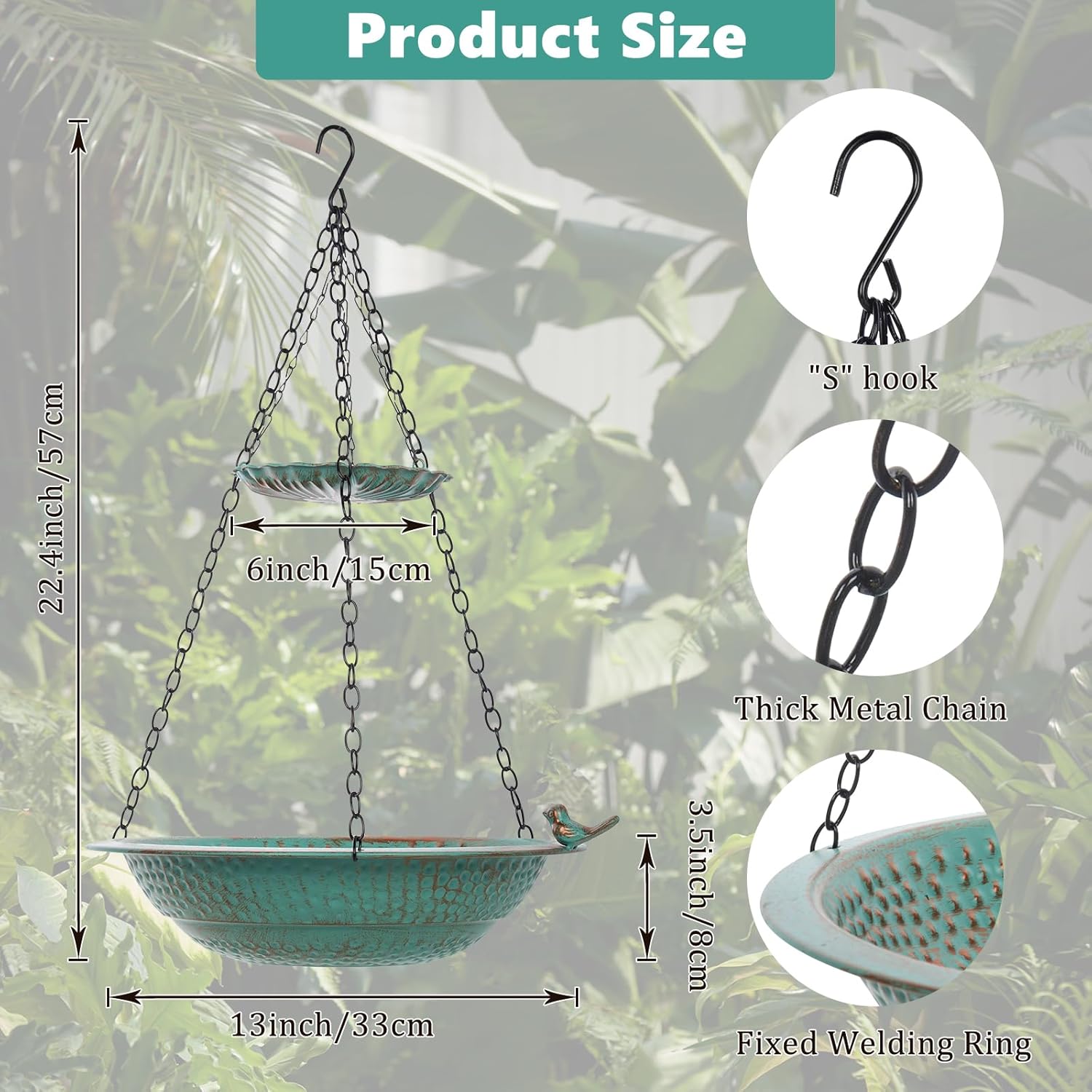 13 inch Rain Chain Basin, Metal Rain Chains Anchoring Bowl Dish, DIY Rain Chain Basin for Gutter Downspout, 2 Layer Hanging Birdbath for Outdoor Garden Patio Decor