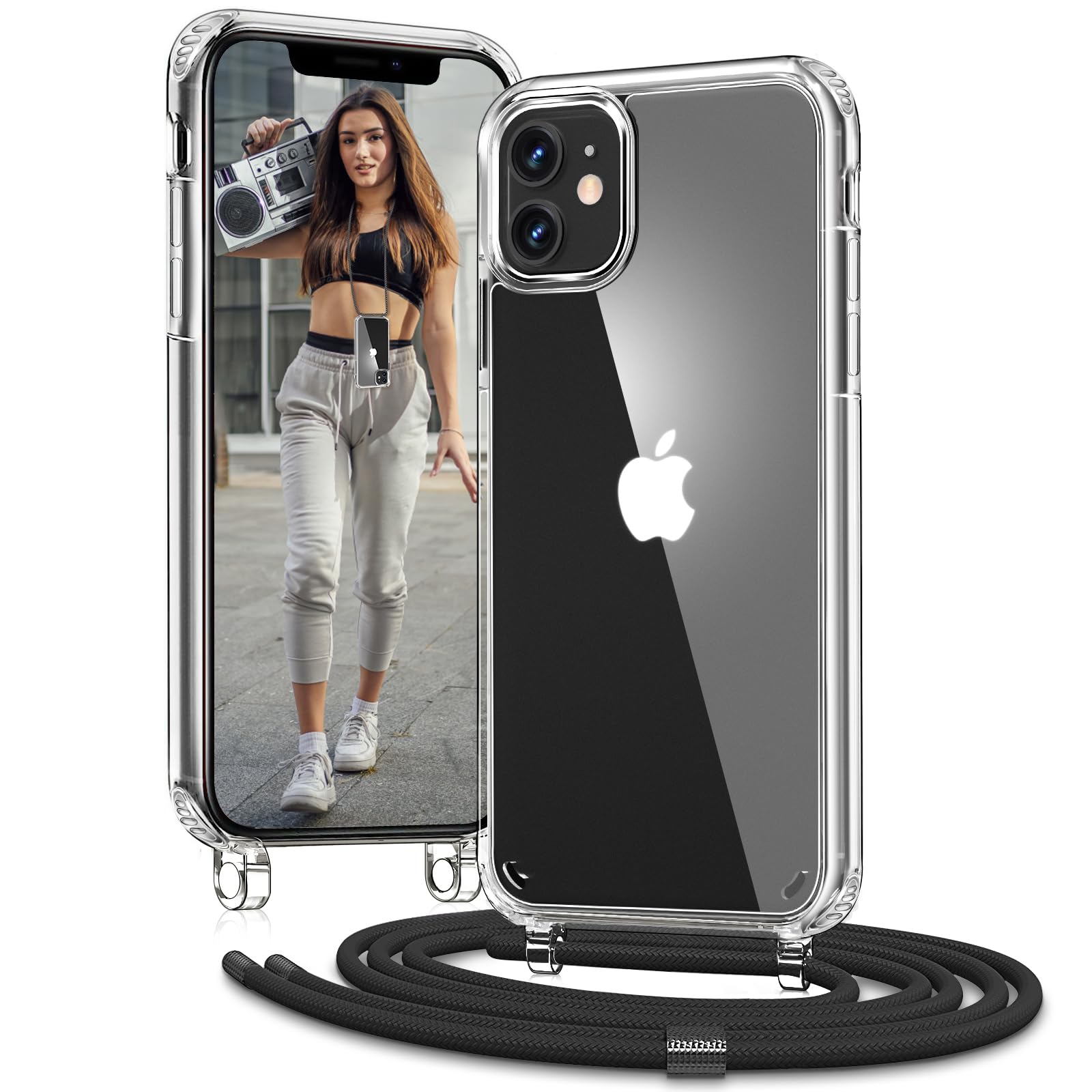 Vaykwo Handykette für Apple iPhone 12 Hülle mit Band und iPhone 12 Pro Hülle mit Band - Necklace Handyhülle - Transparente Case zum Umhängen mit Kameraschutz und Bildschirmschutz - Rosa