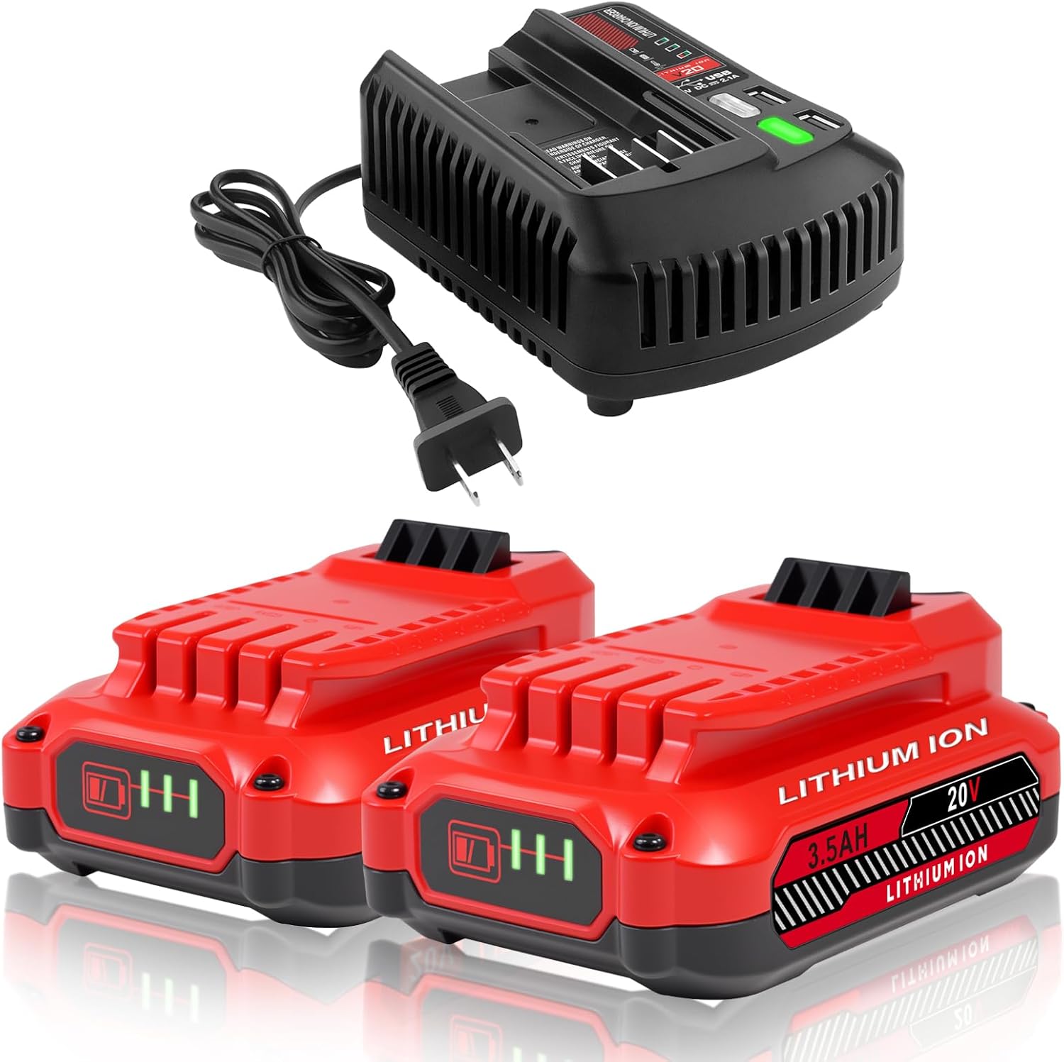2Pack 20V 3.5Ah Replacement Craftsman V20 Lithium Battery and Charger Kit for CMCB202 CMCB204 CMCB206 CMCB201 CMCB100 CMCB124 with CMCB104 Craftsman 20V Charger