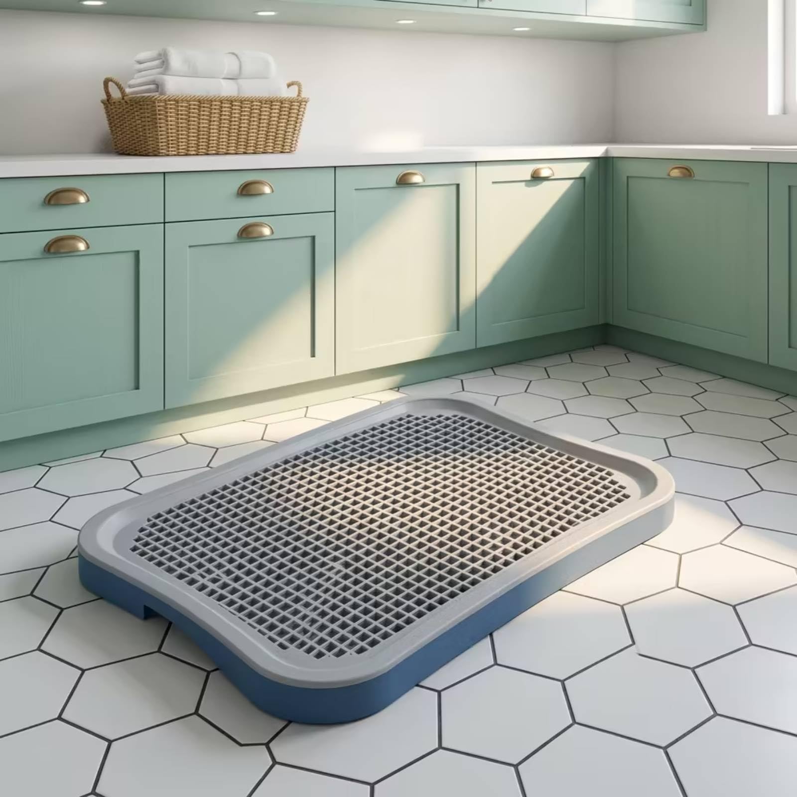 Baoblaze Plateau Toilette pour Chiens Plateau Bac Tapis Grille Surélevée pour Drainage Rapide Base Stable en PP Panneau Arrière Retenant Les Projections Adapté, Bleu, Grand