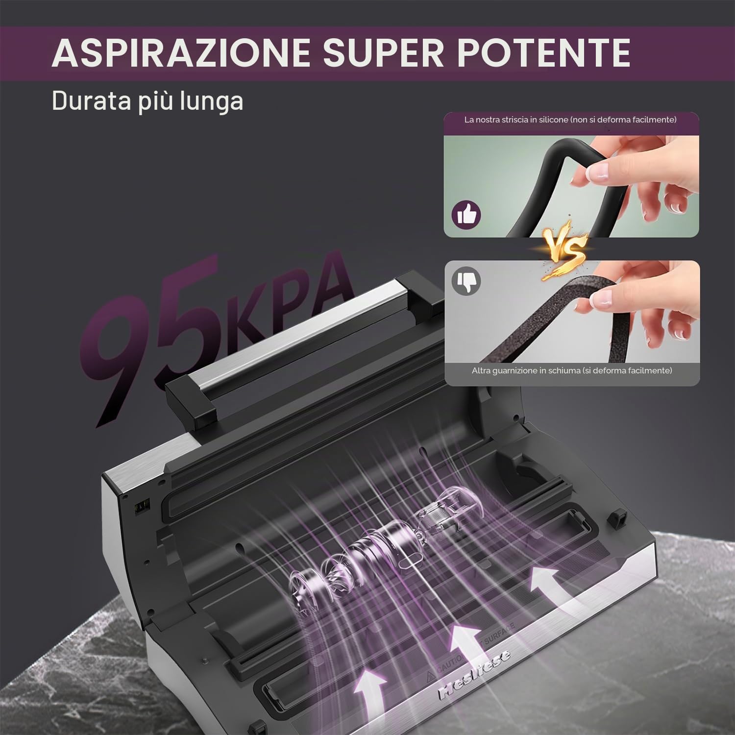 Mesliese Macchina Sigillatrice Sottovuoto, Super Potente 95kPa 140W Sigillatrice per Alimenti con Design a Impugnatura, Doppia Striscia di Tenuta con Taglierina Integrata e Display Conto alla Rovescia