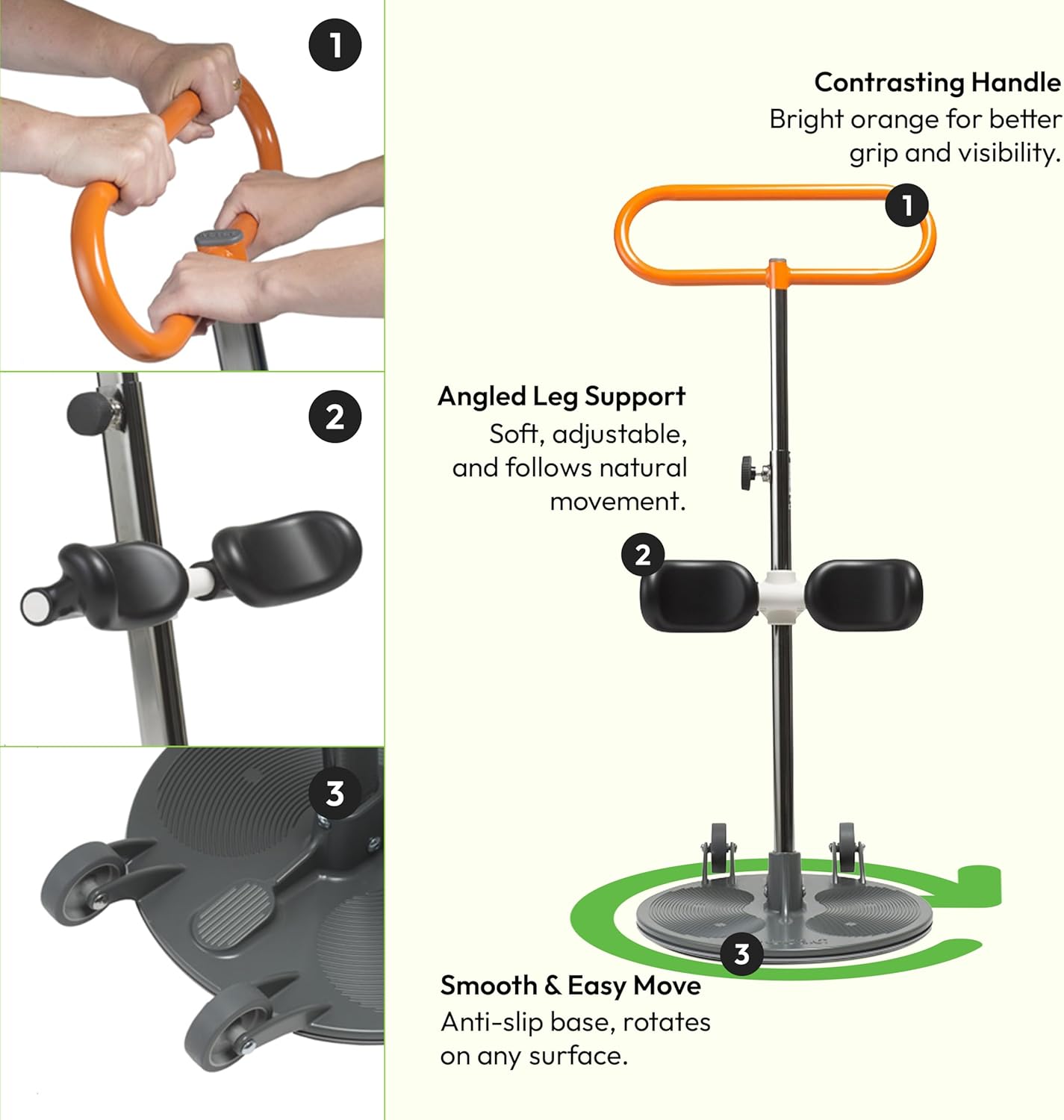 Деталдаштырылган view of Etac Turner PRO components: handle, leg support, and rotating base