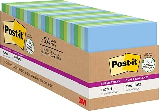 Post-it Notas recicladas super adesivas, 7,6 x 7,6 cm, 24 blocos, 2x o poder de colagem, potimista, cores brilhantes, 30% de papel reciclado (654-24SST-CP)