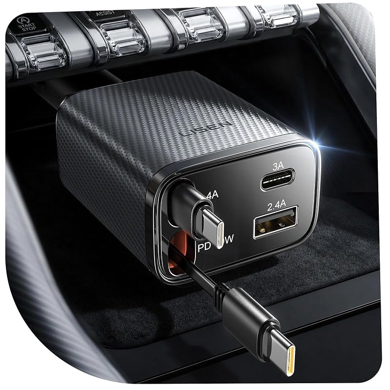 Carregador veicular retrátil LISEN USB-C dual Type C 75 W 4 em 1 para iPhone 17, preto carbono/cinza carbono