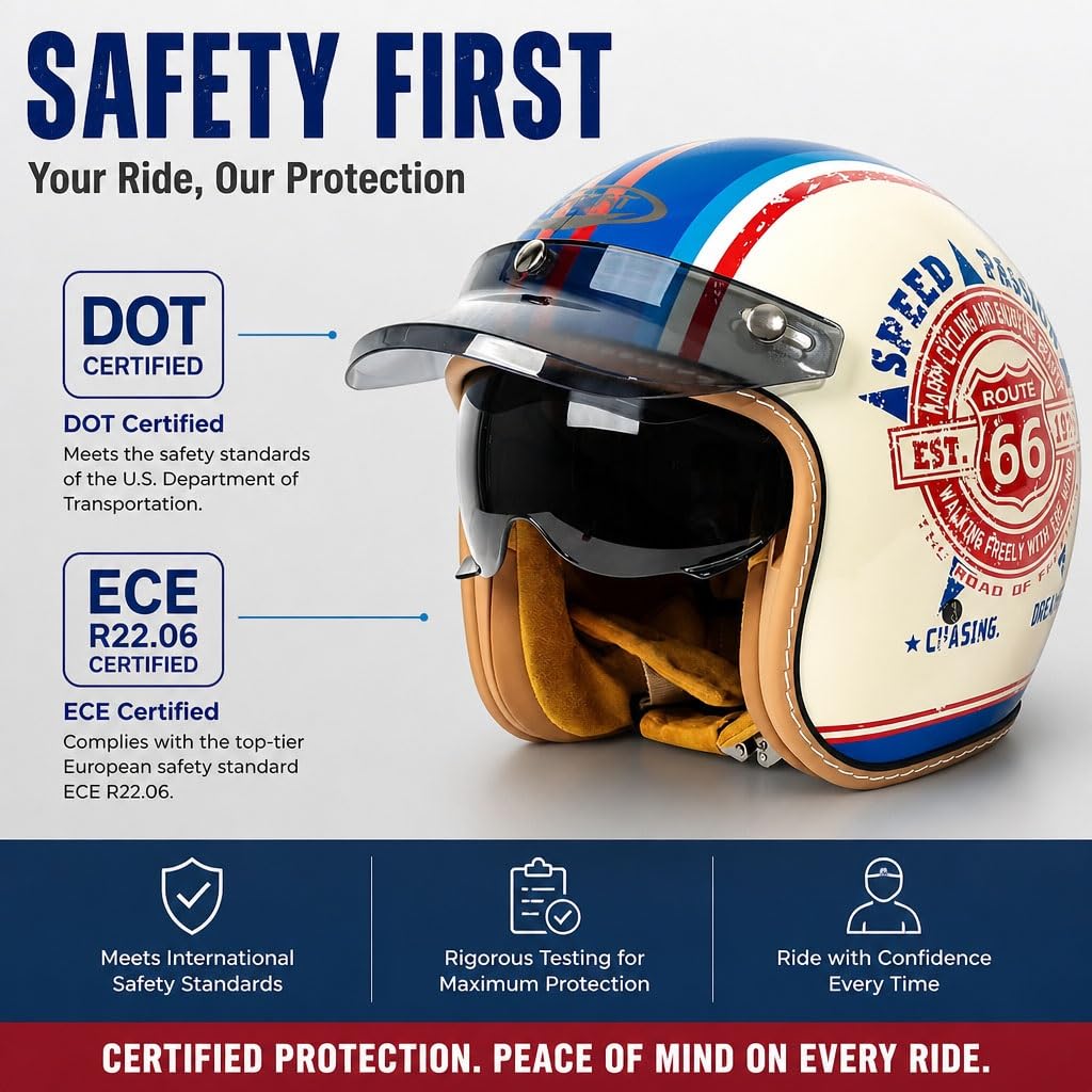Casco Moto Jet Retro Omologato ECE con Visiera Parasole Sgancio Rapido, Casco Scooter 3/4 Vintage Interni Lavabili per Cafe Racer Custom Cruiser Uomo
