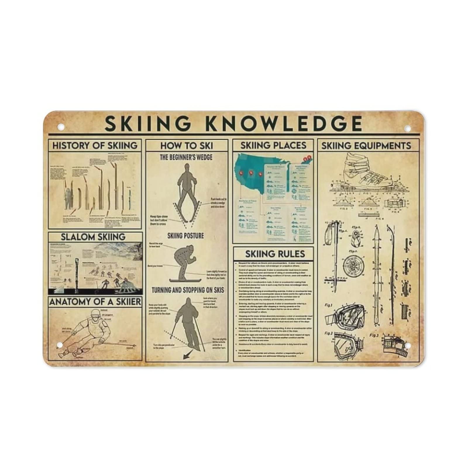 AOOEDM Skiing Knowledge Wall Metal Tin Sign for Home Bar Pub Kitchen Wall Art Deocr Man Cave Vintage Metal Sign Poster Plaque Signs Quotes Sign