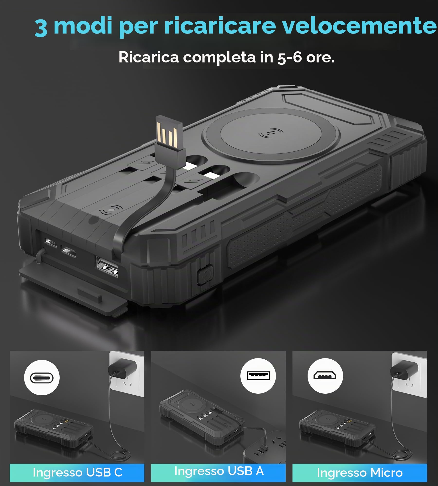 Power Bank Solare 56800mAh: 30W PD 3.0 A USB C Powerbank Ricarica Rapida con 4 Cavi, 6 Uscita & 4 Ingresso, 15W Ricarica Wireless, Spie luminose a LED, Torcia, Caricatore Portatile con Smartphones