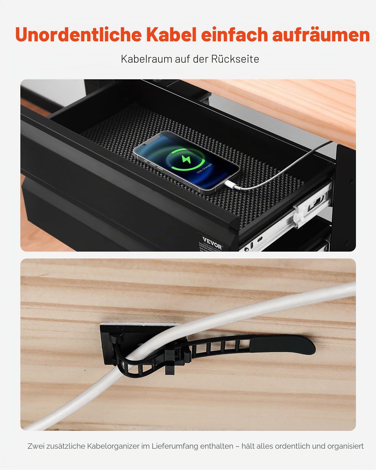 VEVOR Untertisch Schublade 457x227x200mm, Unterbau Schreibtisch, versteckter 2-lagiger Aufbewahrungs-Organizer, Bleistiftschublade unter dem Tisch für Sitz-Steh-Arbeitsplätze zu Hause