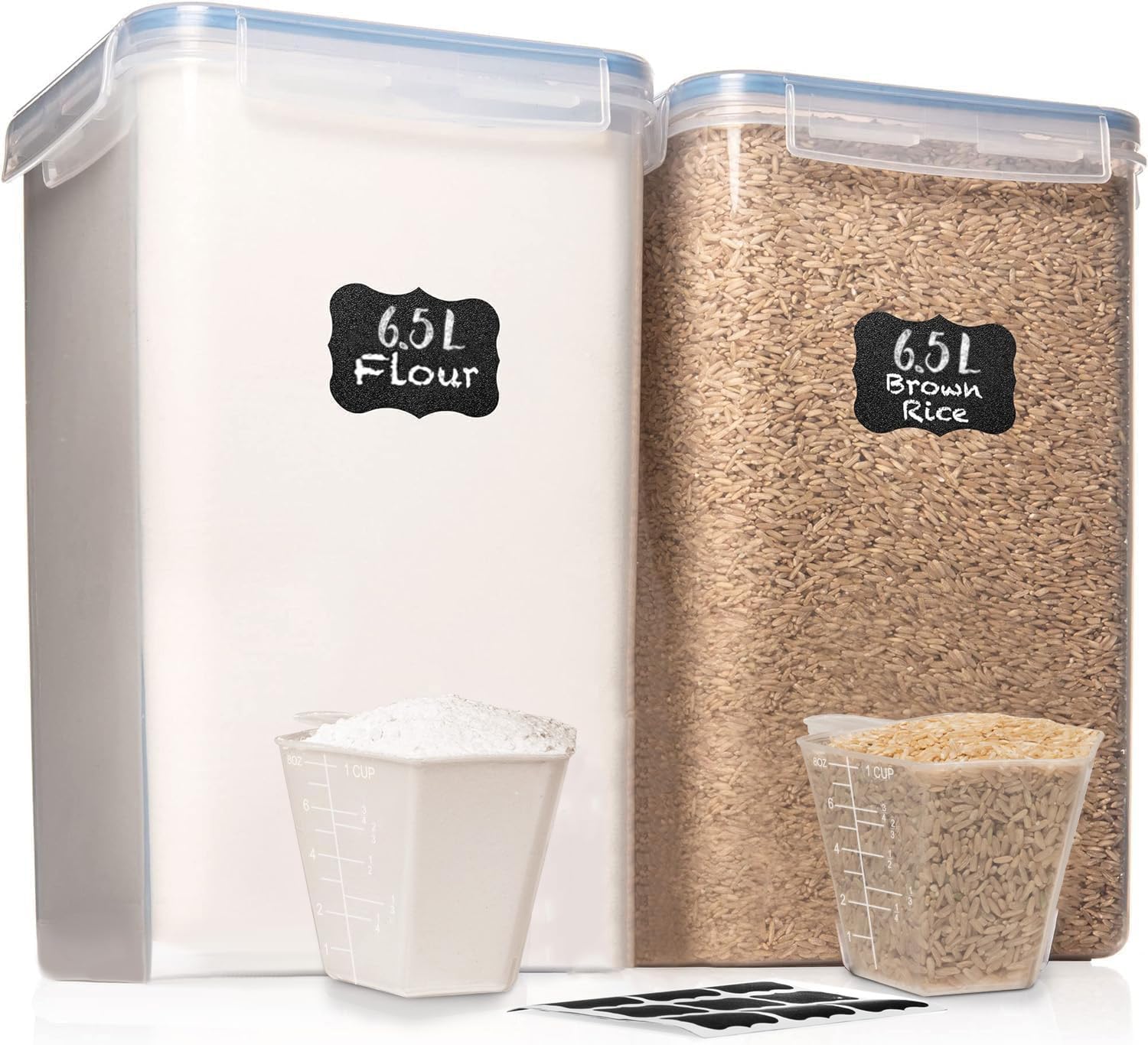 Juego de 2 recipientes herméticos para almacenamiento de alimentos XXL de 7 cuartos de galón, 6.5 L, 226 onzas, ancho y profundo, 2 tazas medidoras, ideal para azúcar, harina, plástico transparente, a
