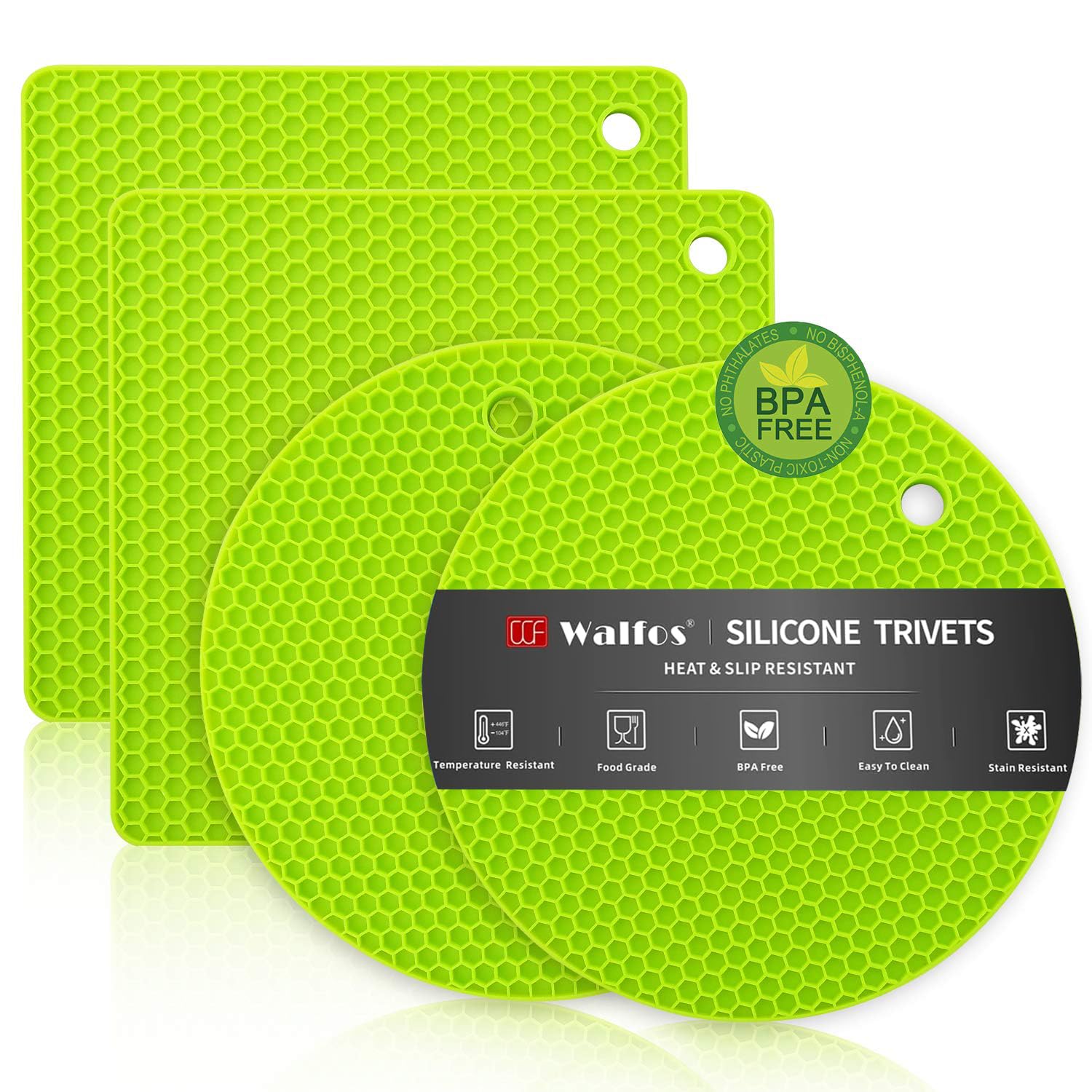 Walfos Silicone Trivet Mats - 4 Heat Resistant Pot Holders, Multipurpose Non-Slip Hot Pads for Kitchen Potholders, Hot Dishers, Jar Opener, Spoon Holder, Food Grade Silicone &amp; BPA Free (Green)