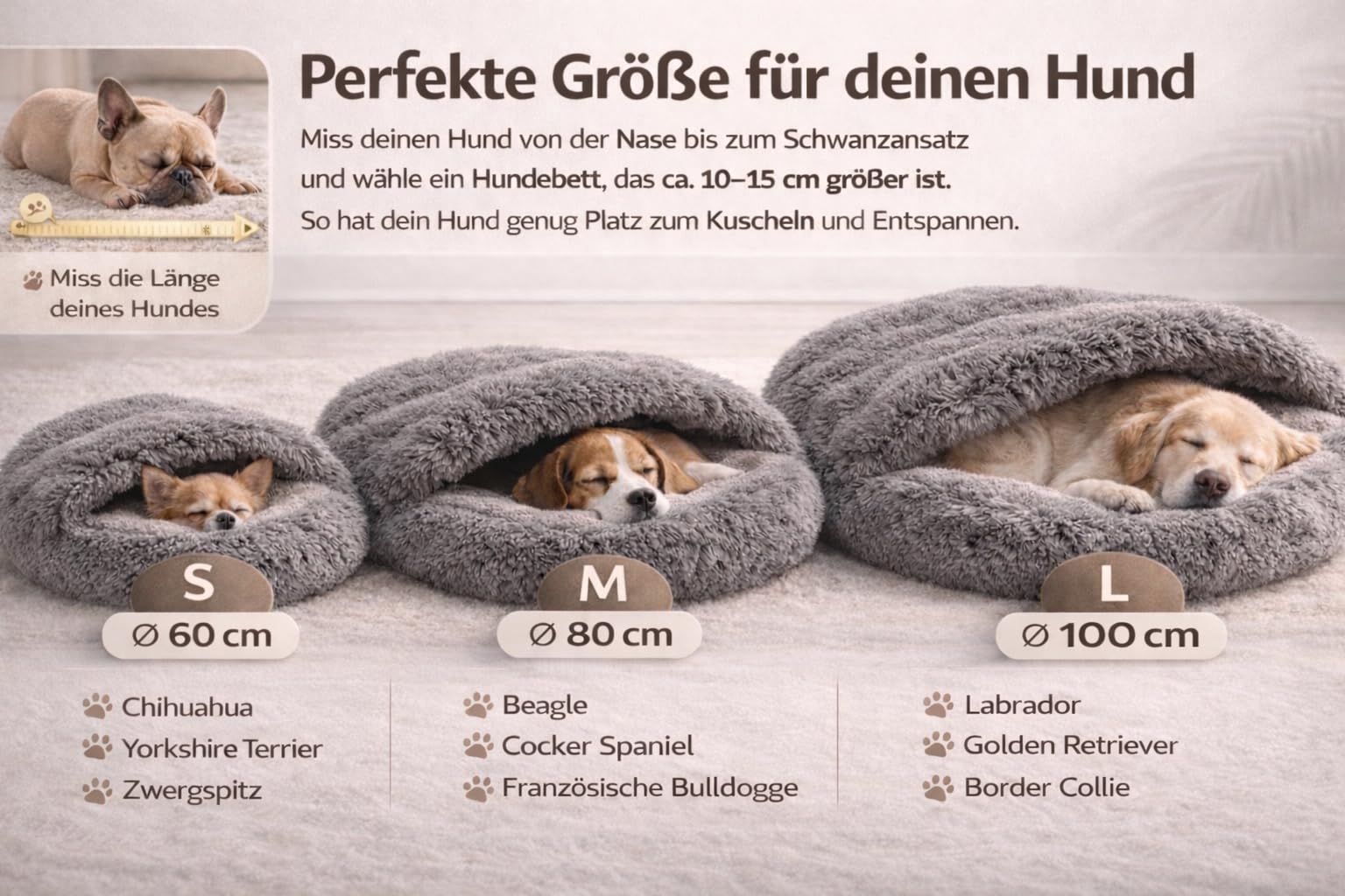 Odolplusz Rundes Kuschel-Hundebett und Katzenbett, Grau, Shaggy Bouclé, Schlafsack-Design, Warmes Höhlenbett, Rutschfester Boden, Maschinenwaschbar, für Mittelgroße Hunde und Große Katzen (100 cm)