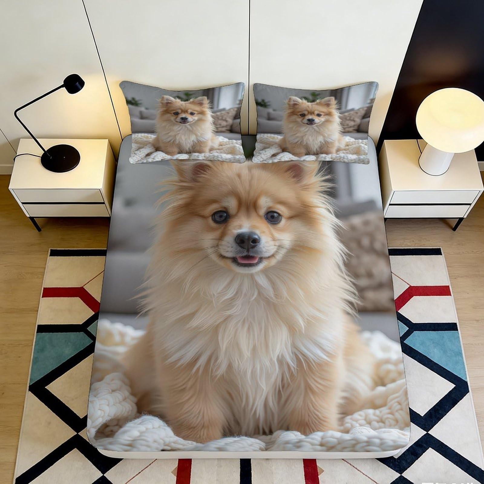 3D Printed Cute Pomeranian Dog Fitted Sheet Microfiber Soft Breathable Fluffy Puppy Bed Cover for Bedroom Dormitory Guest Room Mattress Protection Decor 140x200x25cm