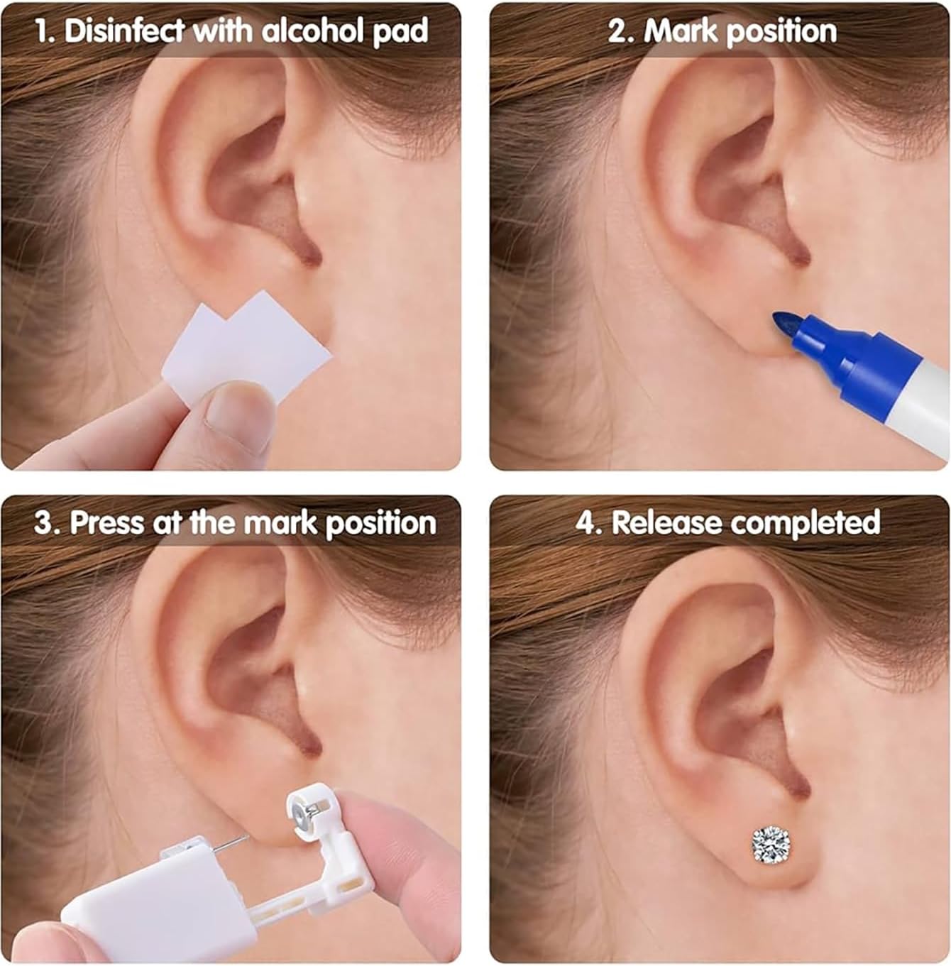 4PCS Ear Piercing Kit Disposable Sterile Ear Piercing Kit Built in Cz Earrings With Safety Backs Painless Ear Piercing Gun WIth Ear Hole Cleaning Tool Remaker Pen